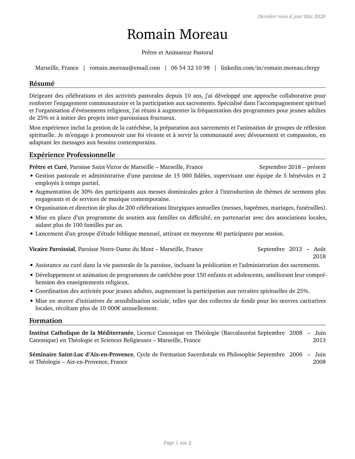 Clergy CV in French — page 1