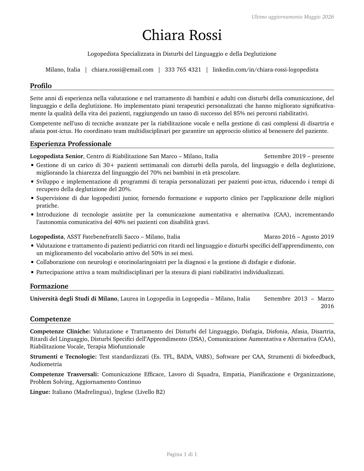 Speech-Language Pathologists CV in Italian — page 1