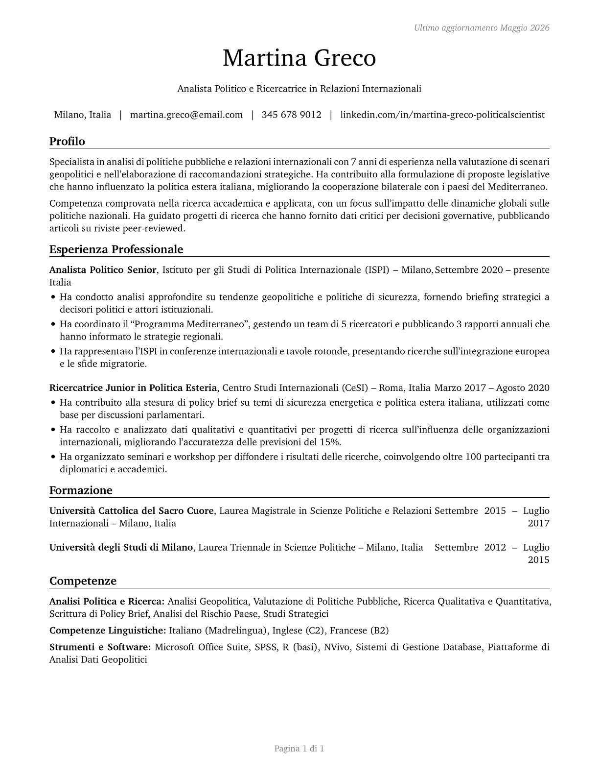 Political Scientists CV in Italian — page 1