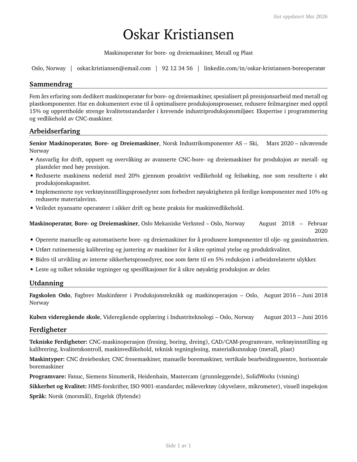 Drilling and Boring Machine Tool Setters, Operators, and Tenders, Metal and Plastic CV in Norwegian_bokmal — page 1