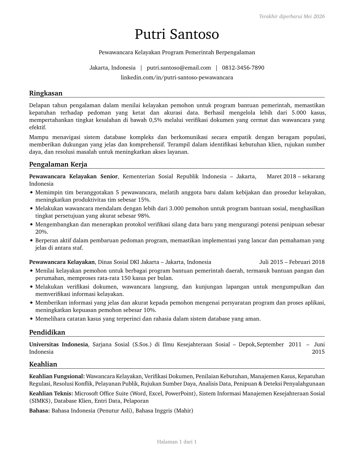 Eligibility Interviewers, Government Programs CV in Indonesian — page 1
