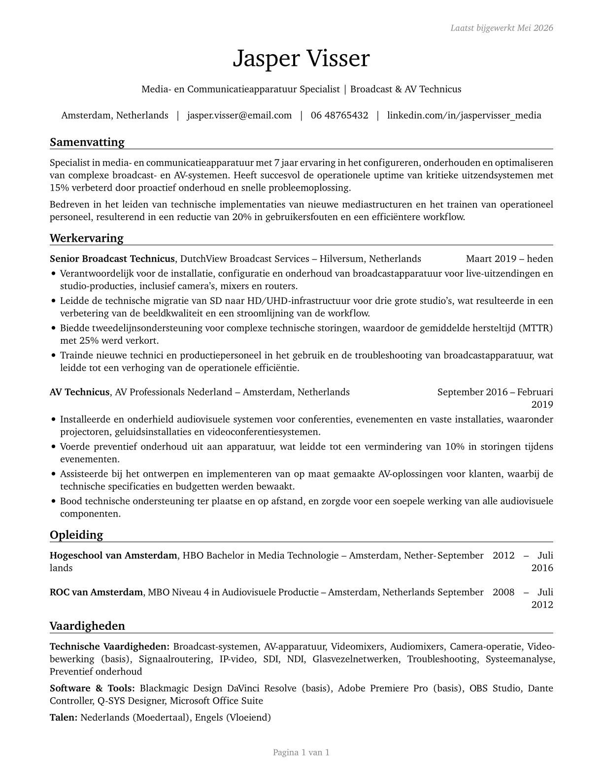 Media and Communication Equipment Workers, All Other CV in Dutch — page 1