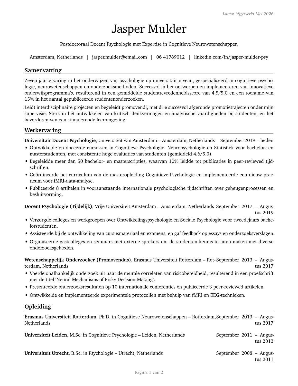 Psychology Teachers, Postsecondary CV in Dutch — page 1