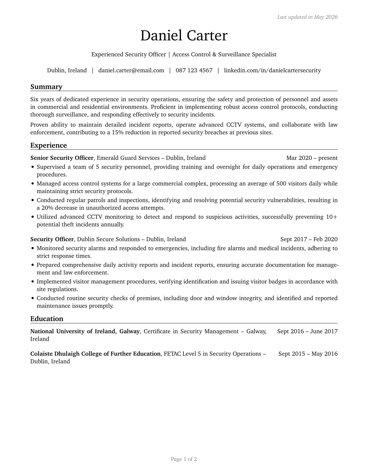 Security Guards CV in English — page 1