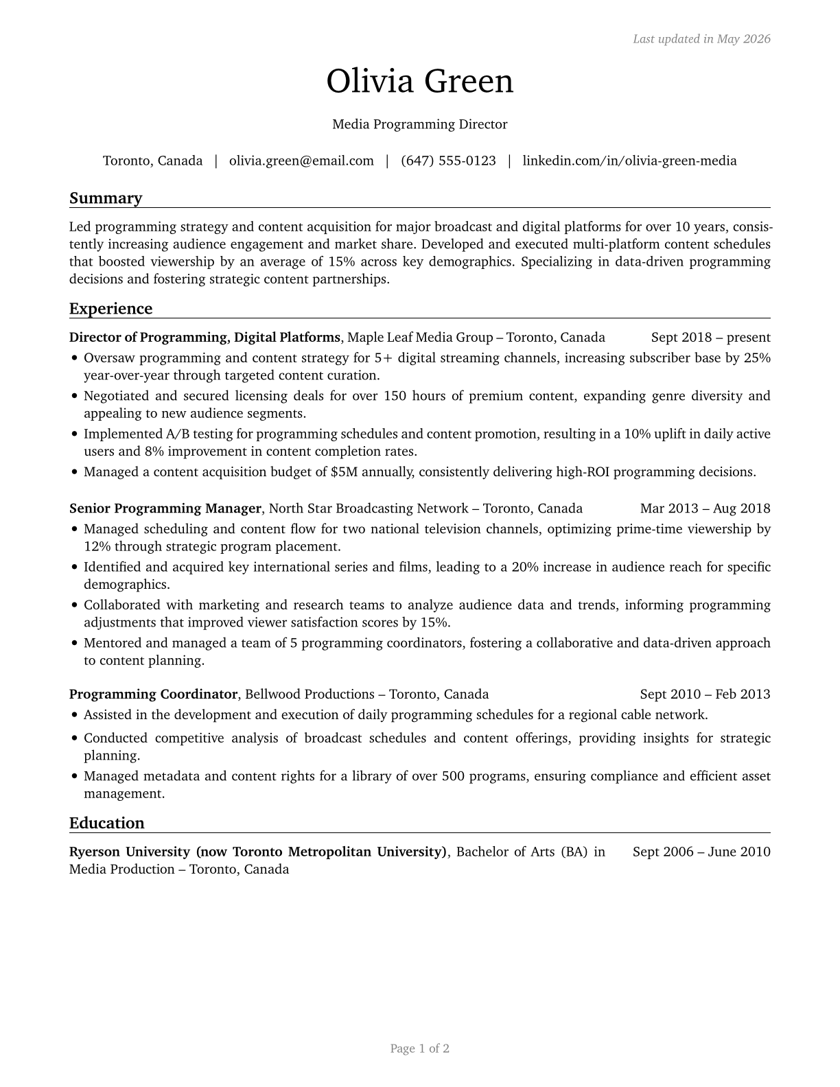 Media Programming Directors CV in English — page 1