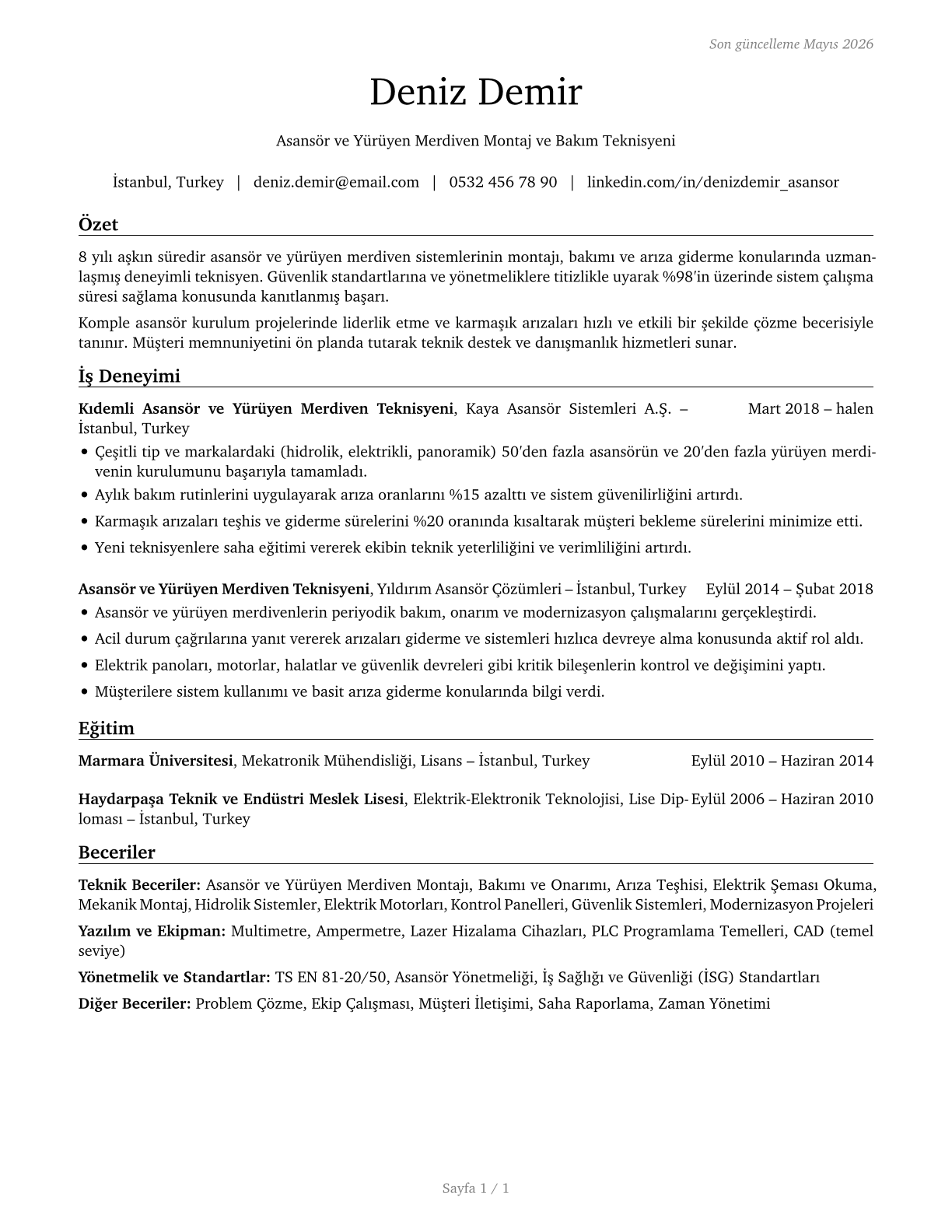 Elevator and Escalator Installers and Repairers CV in Turkish — page 1