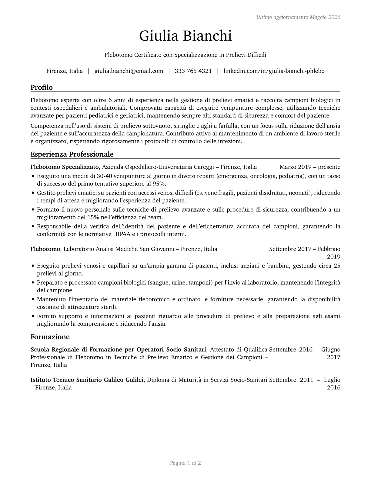 Phlebotomists CV in Italian — page 1