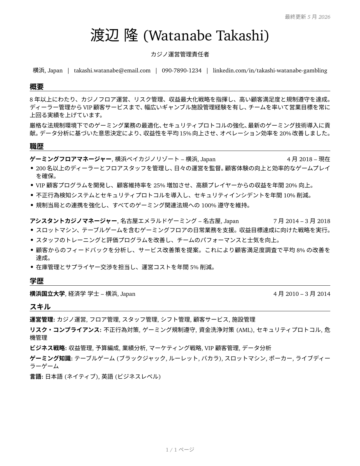 Gambling Managers CV in Japanese — page 1