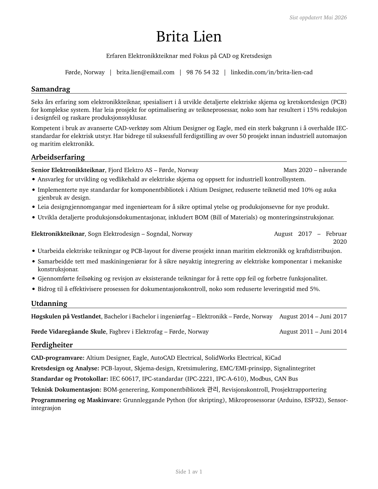 Electrical and Electronics Drafters CV in Norwegian_nynorsk — page 1