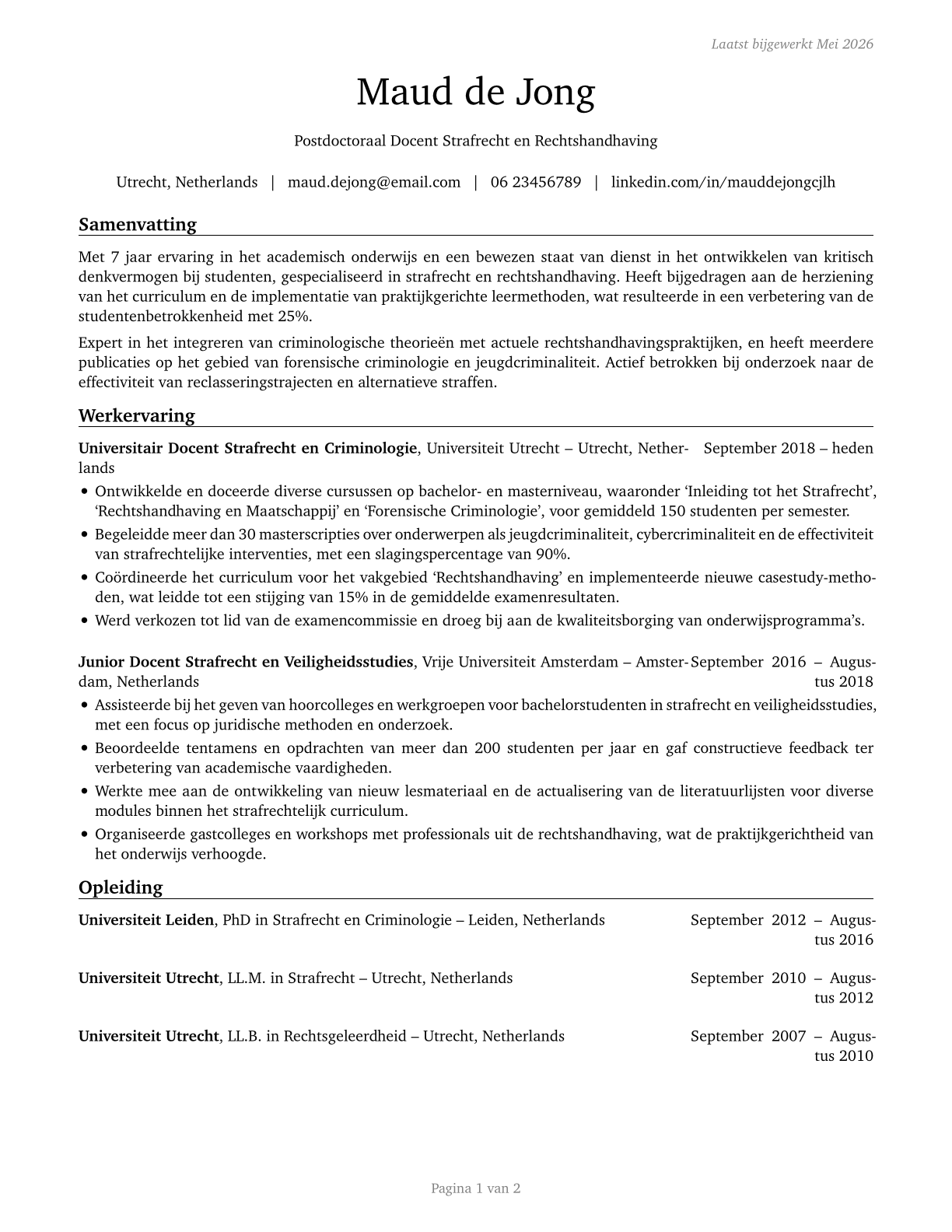 Criminal Justice and Law Enforcement Teachers, Postsecondary CV in Dutch — page 1