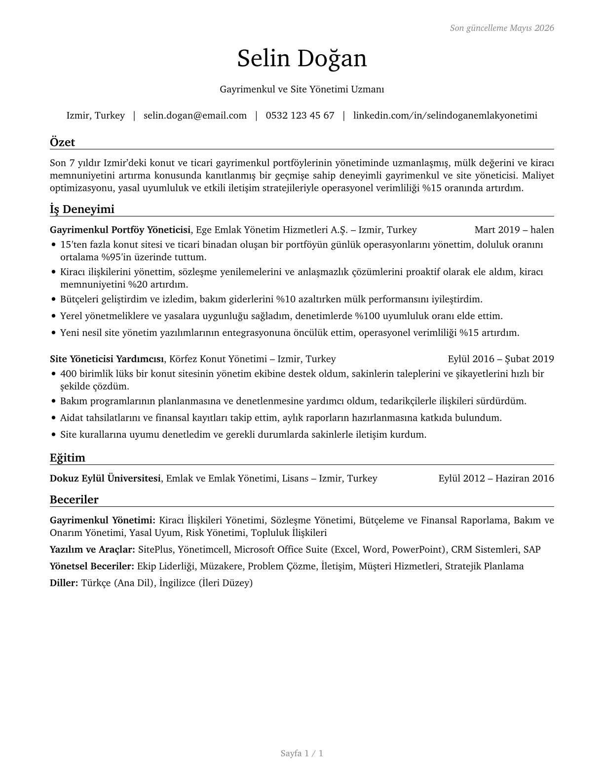 Property, Real Estate, and Community Association Managers CV in Turkish — page 1
