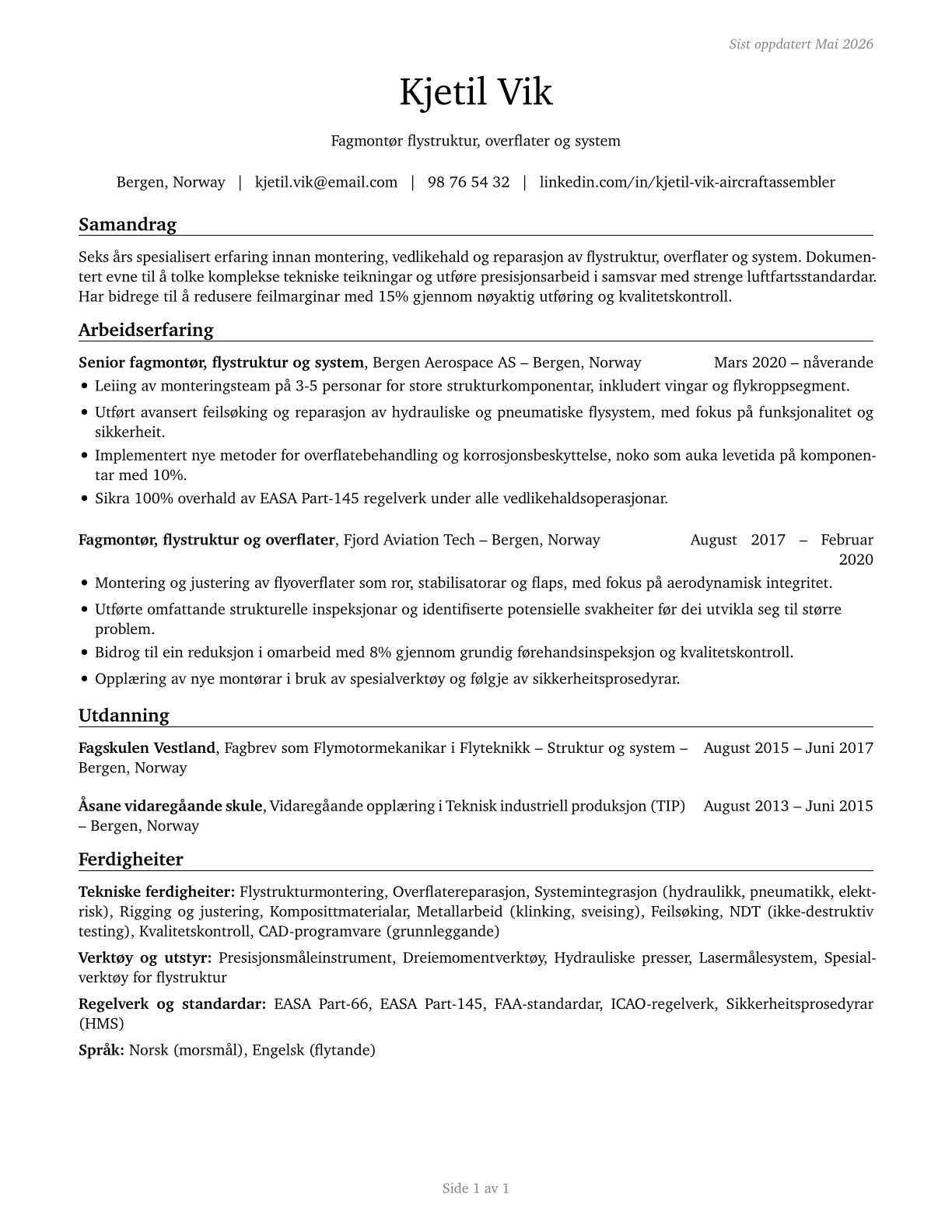 Aircraft Structure, Surfaces, Rigging, and Systems Assemblers CV in Norwegian_nynorsk — page 1
