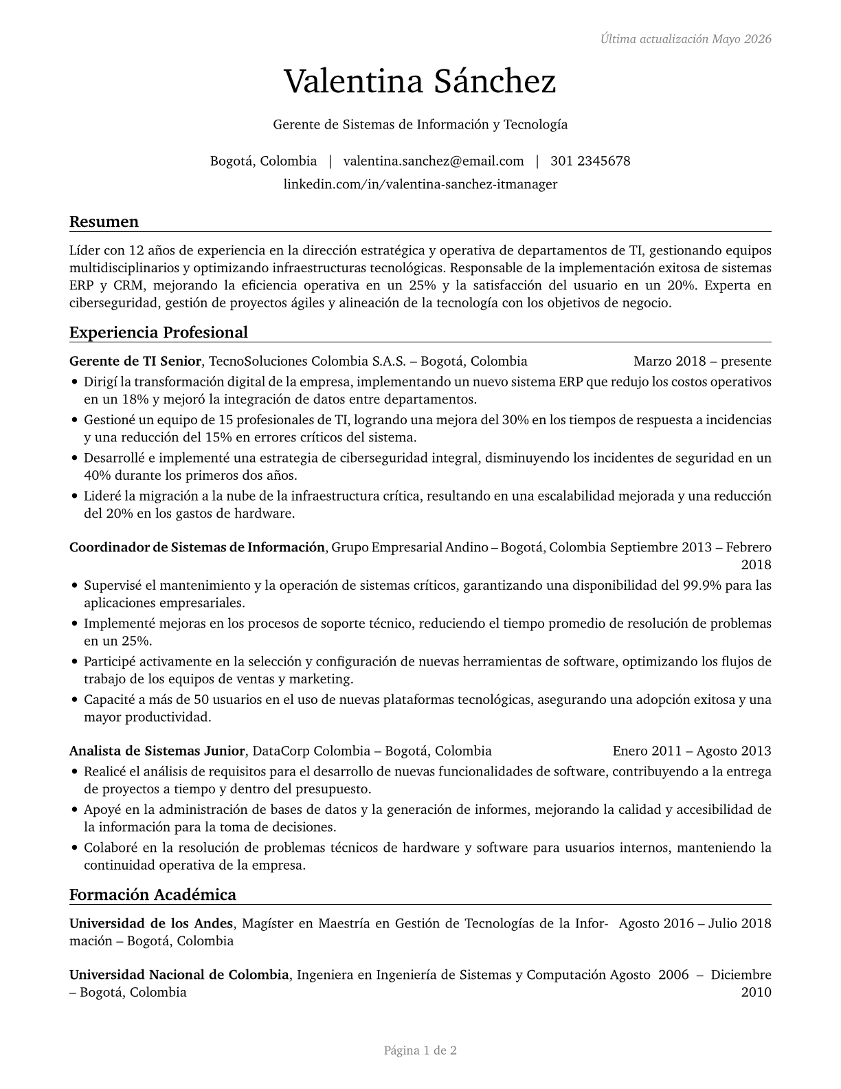 Computer and Information Systems Managers CV in Spanish — page 1