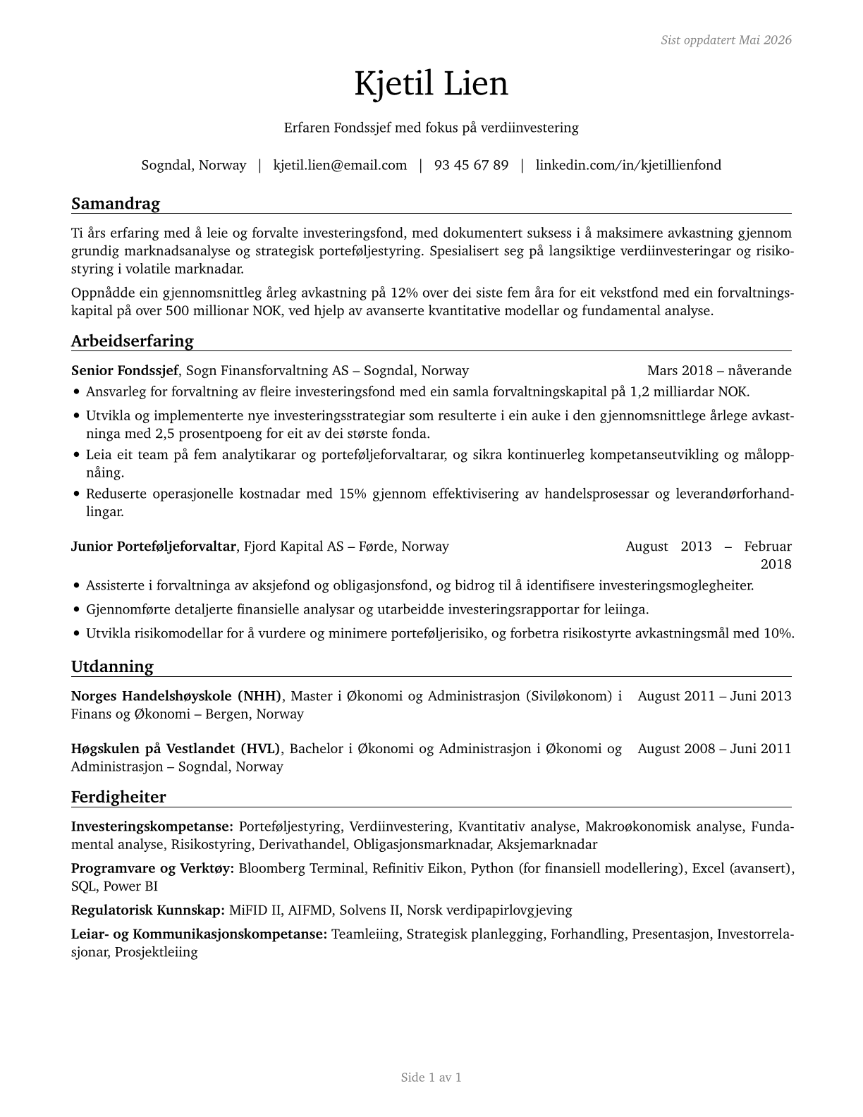 Investment Fund Managers CV in Norwegian_nynorsk — page 1