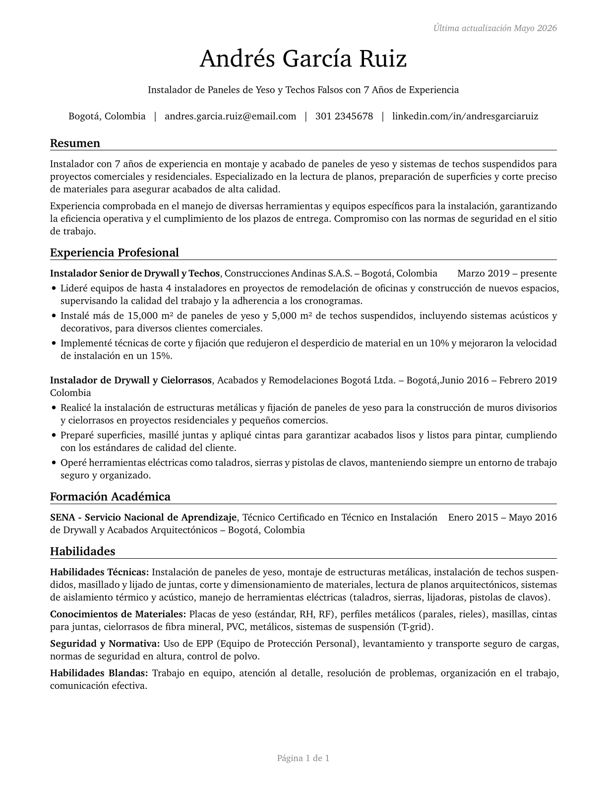 Drywall and Ceiling Tile Installers CV in Spanish — page 1