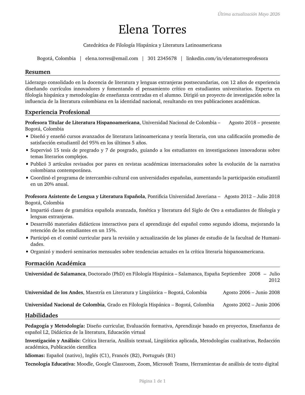 Foreign Language and Literature Teachers, Postsecondary CV in Spanish — page 1