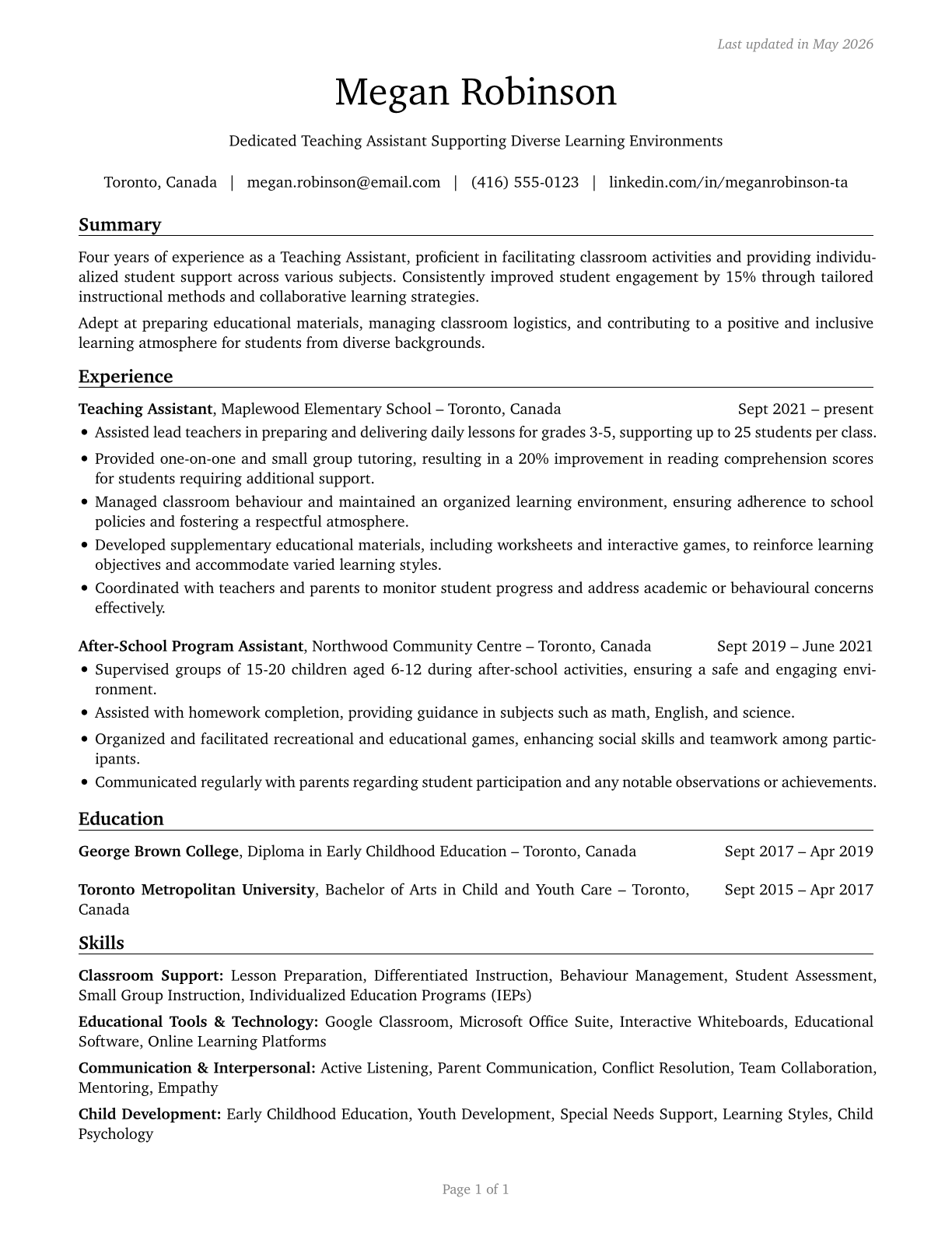 Teaching Assistants, All Other CV in English — page 1