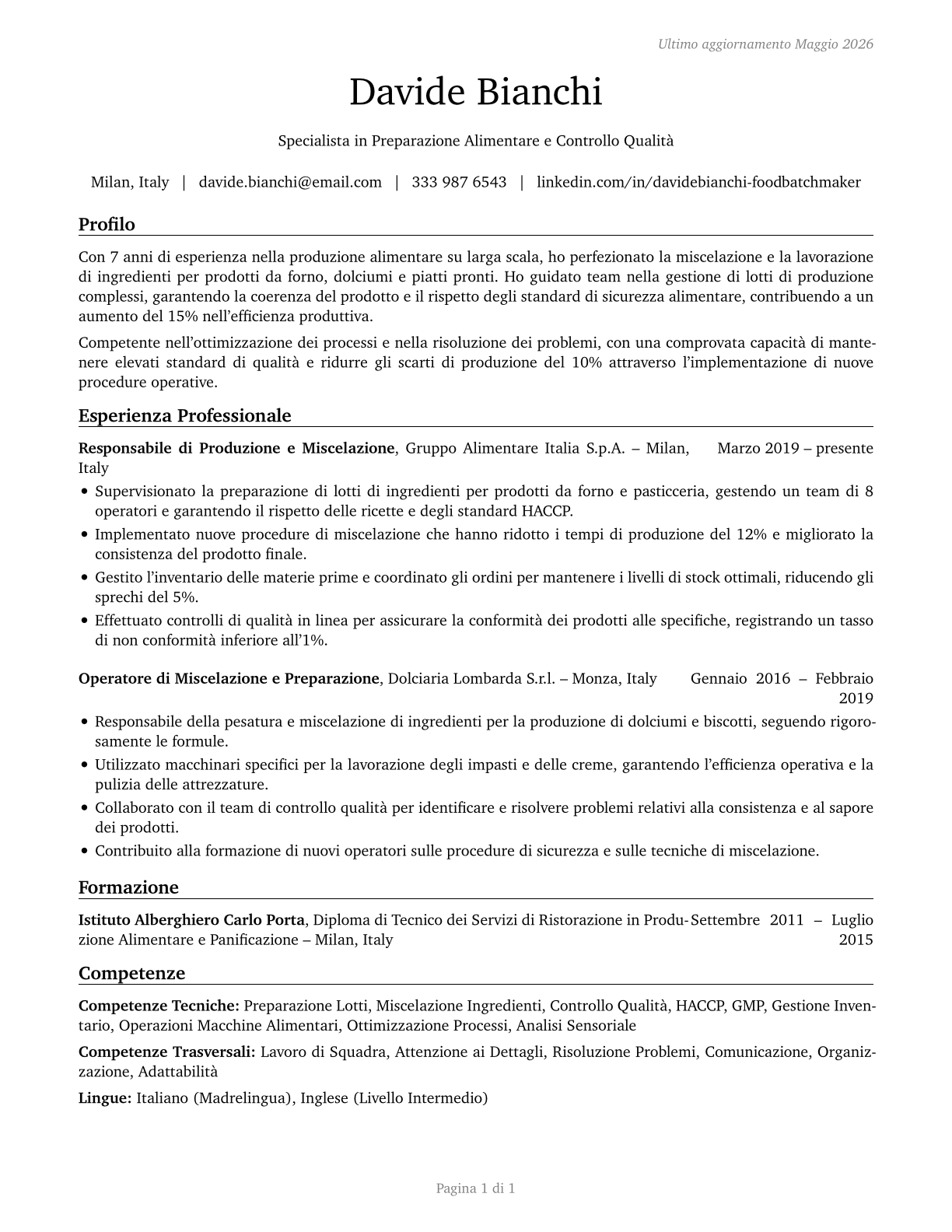 Food Batchmakers CV in Italian — page 1