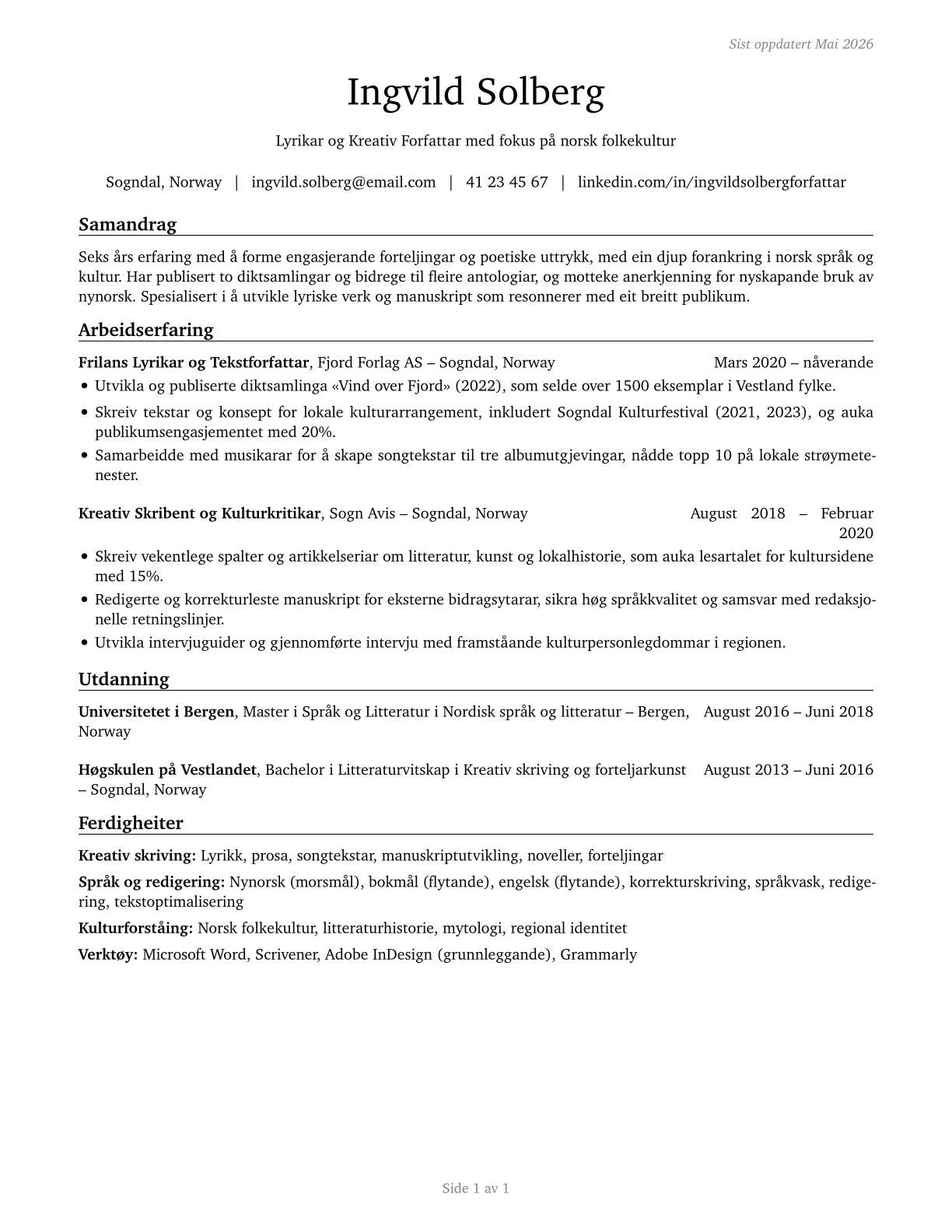 Poets, Lyricists and Creative Writers CV in Norwegian_nynorsk — page 1