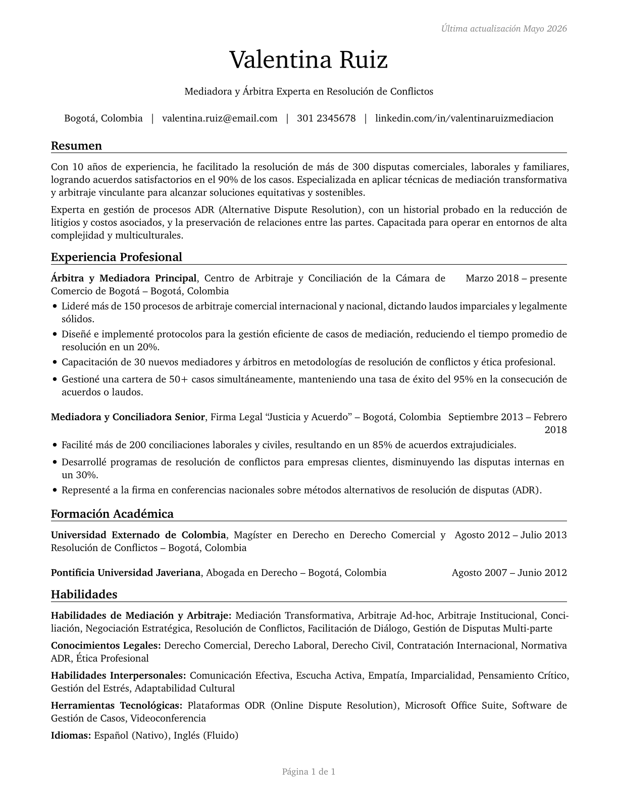 Arbitrators, Mediators, and Conciliators CV in Spanish — page 1