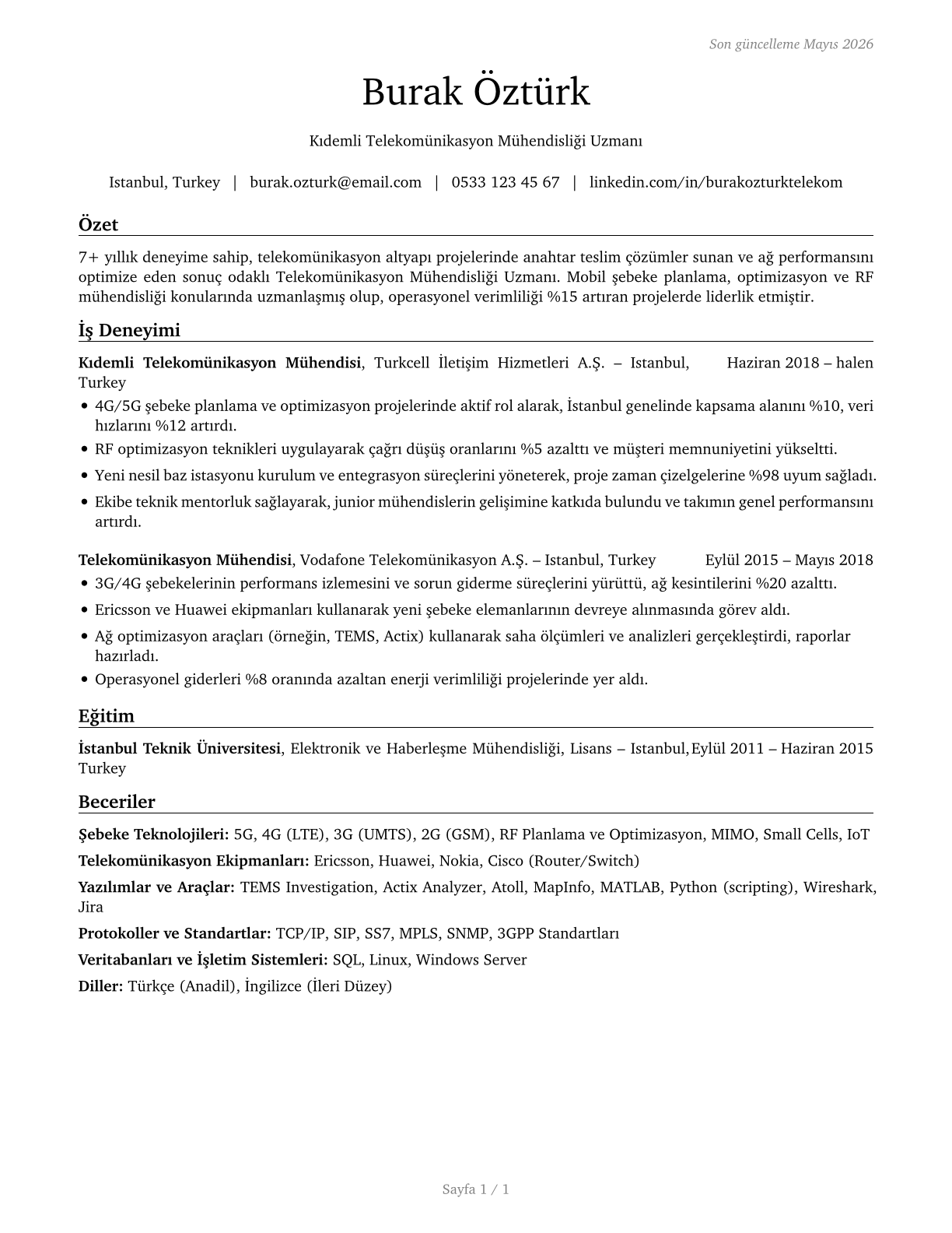 Telecommunications Engineering Specialists CV in Turkish — page 1