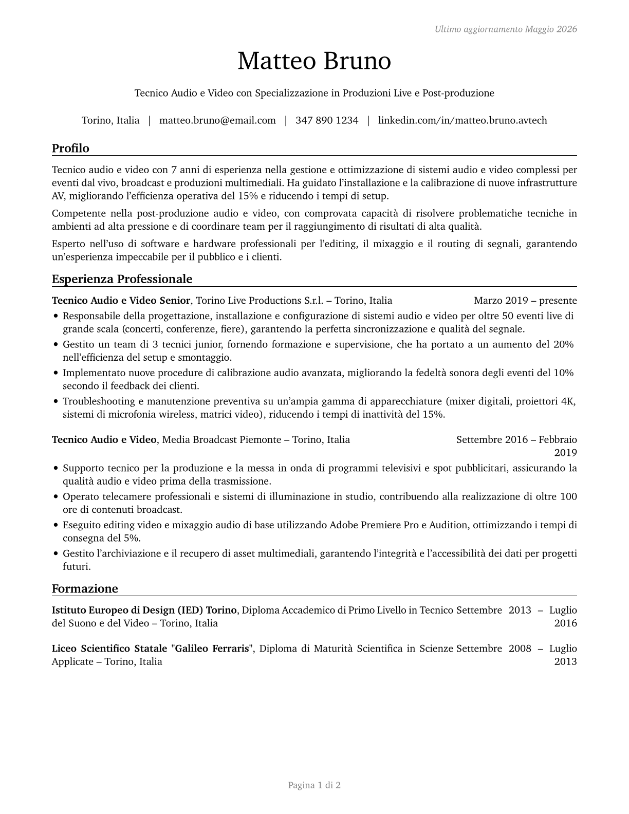 Audio and Video Technicians CV in Italian — page 1