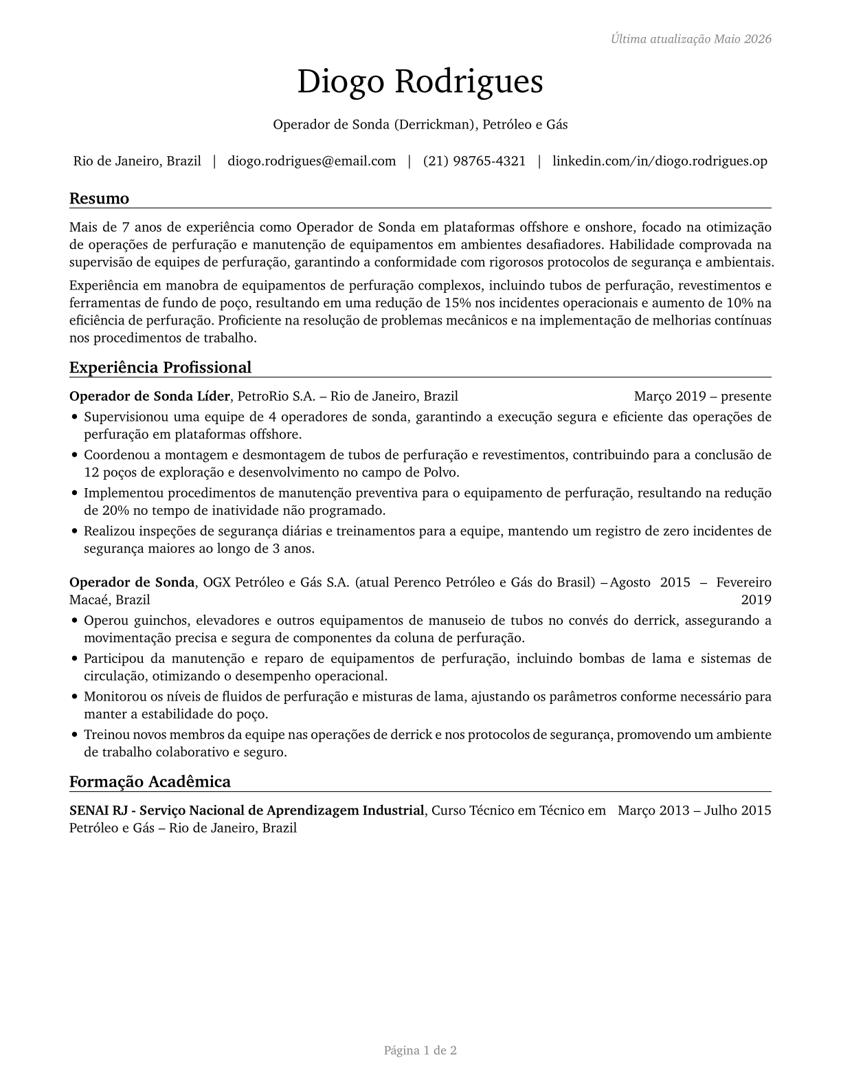 Derrick Operators, Oil and Gas CV in Portuguese — page 1