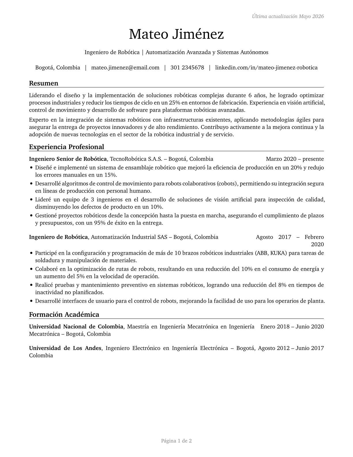 Robotics Engineers CV in Spanish — page 1