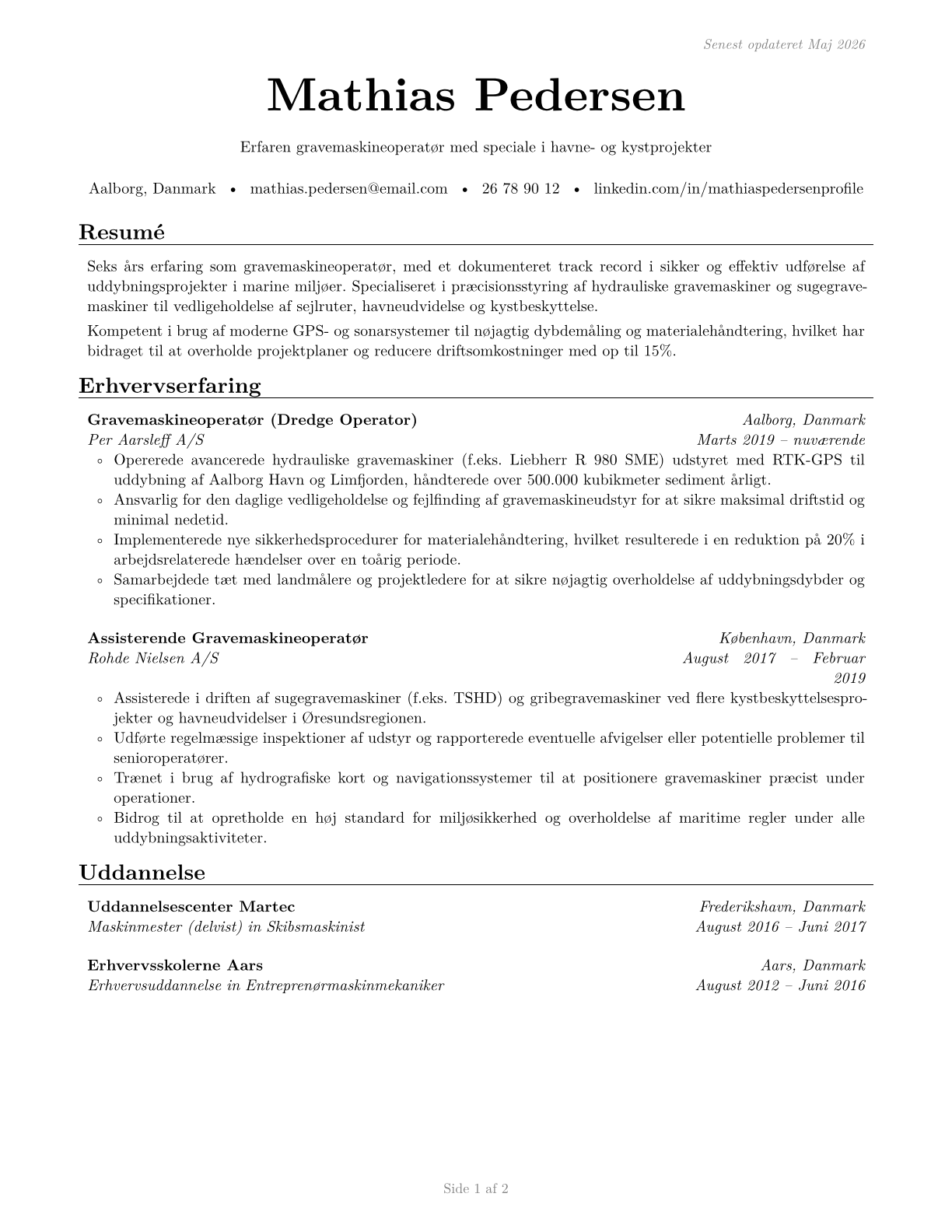 Dredge Operators CV in Danish — page 1