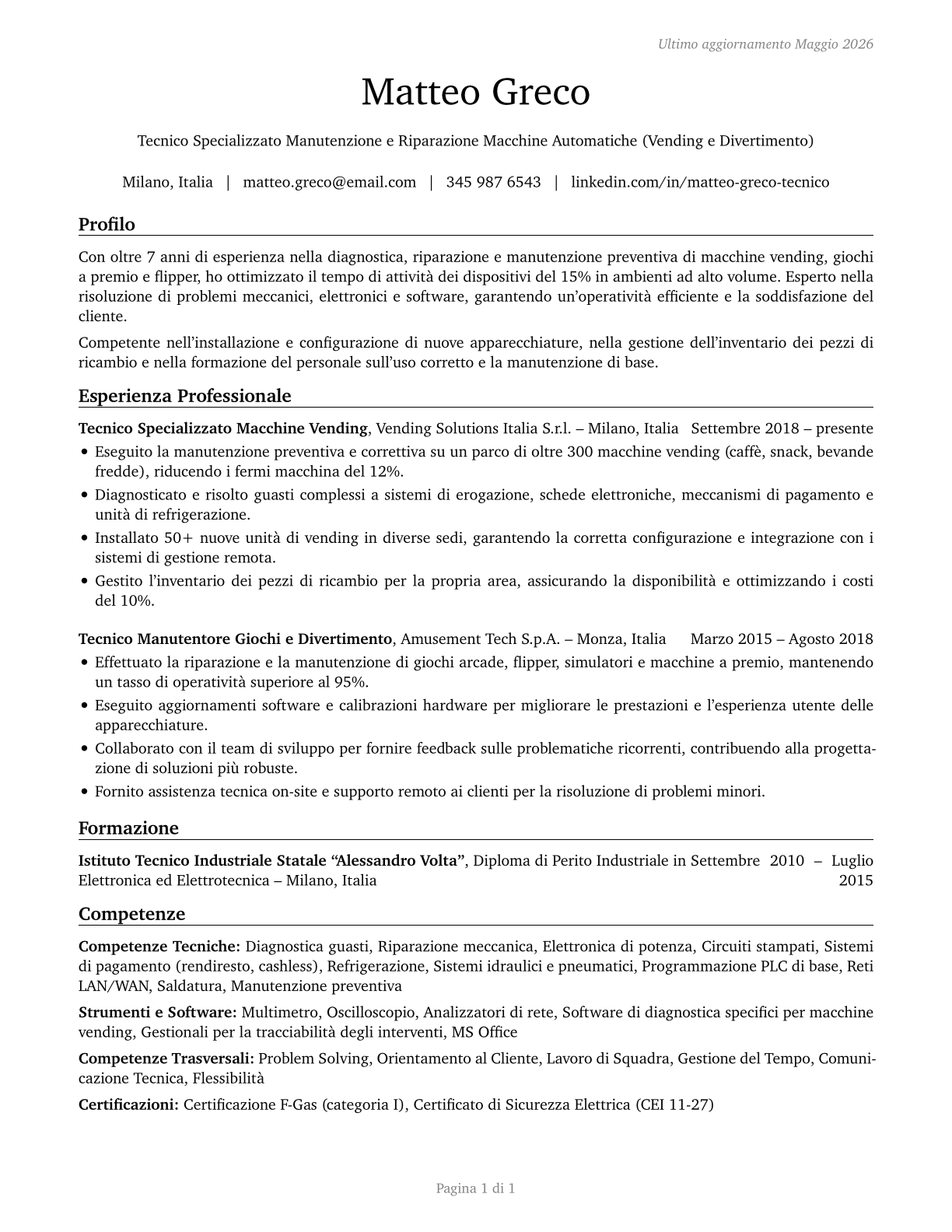 Coin, Vending, and Amusement Machine Servicers and Repairers CV in Italian — page 1