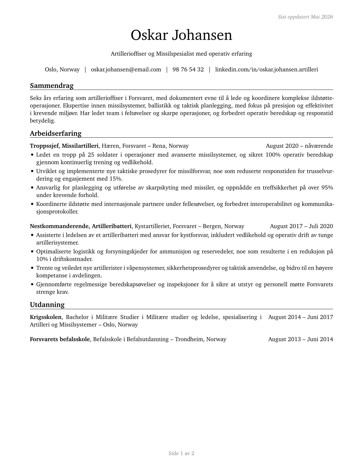 Artillery and Missile Officers CV in Norwegian_bokmal — page 1