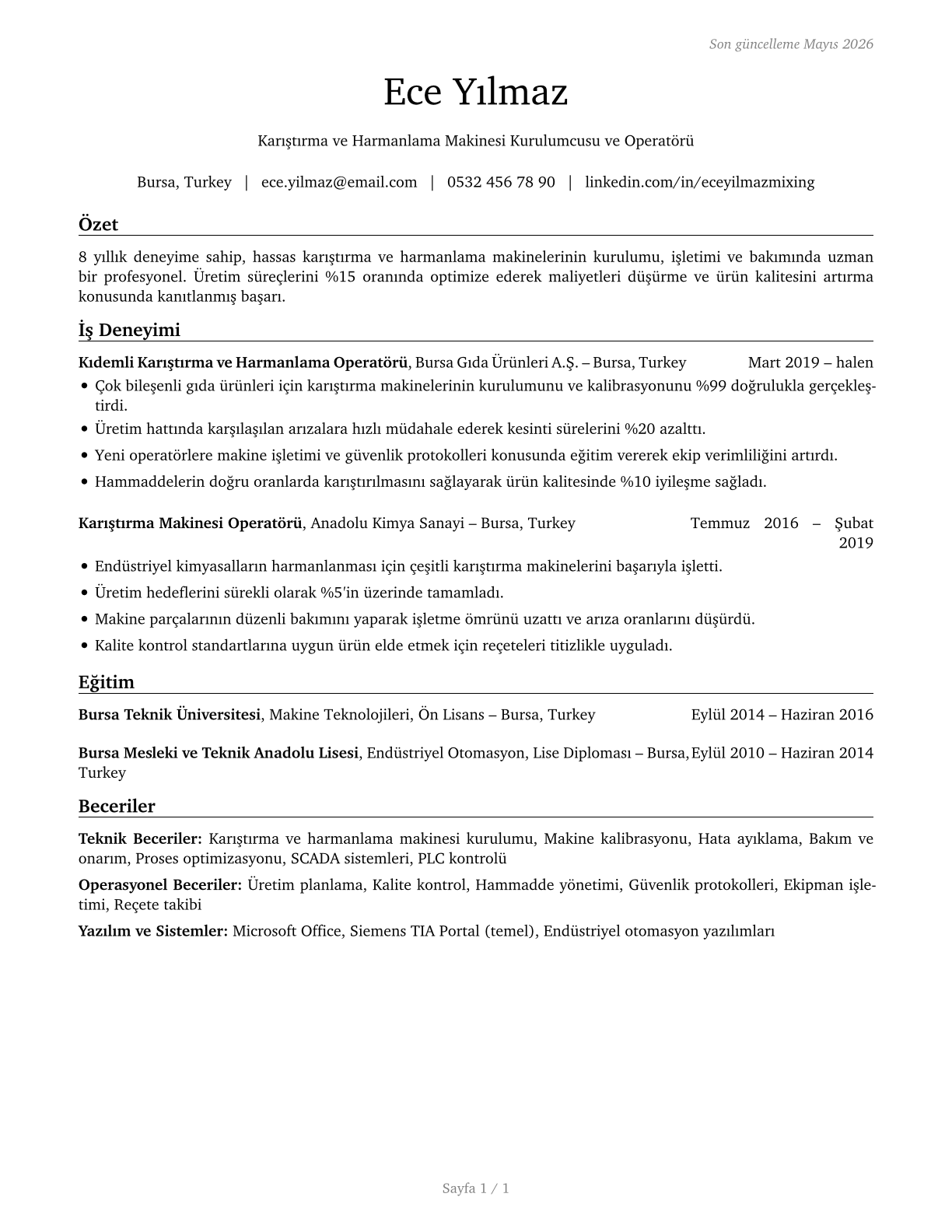 Mixing and Blending Machine Setters, Operators, and Tenders CV in Turkish — page 1