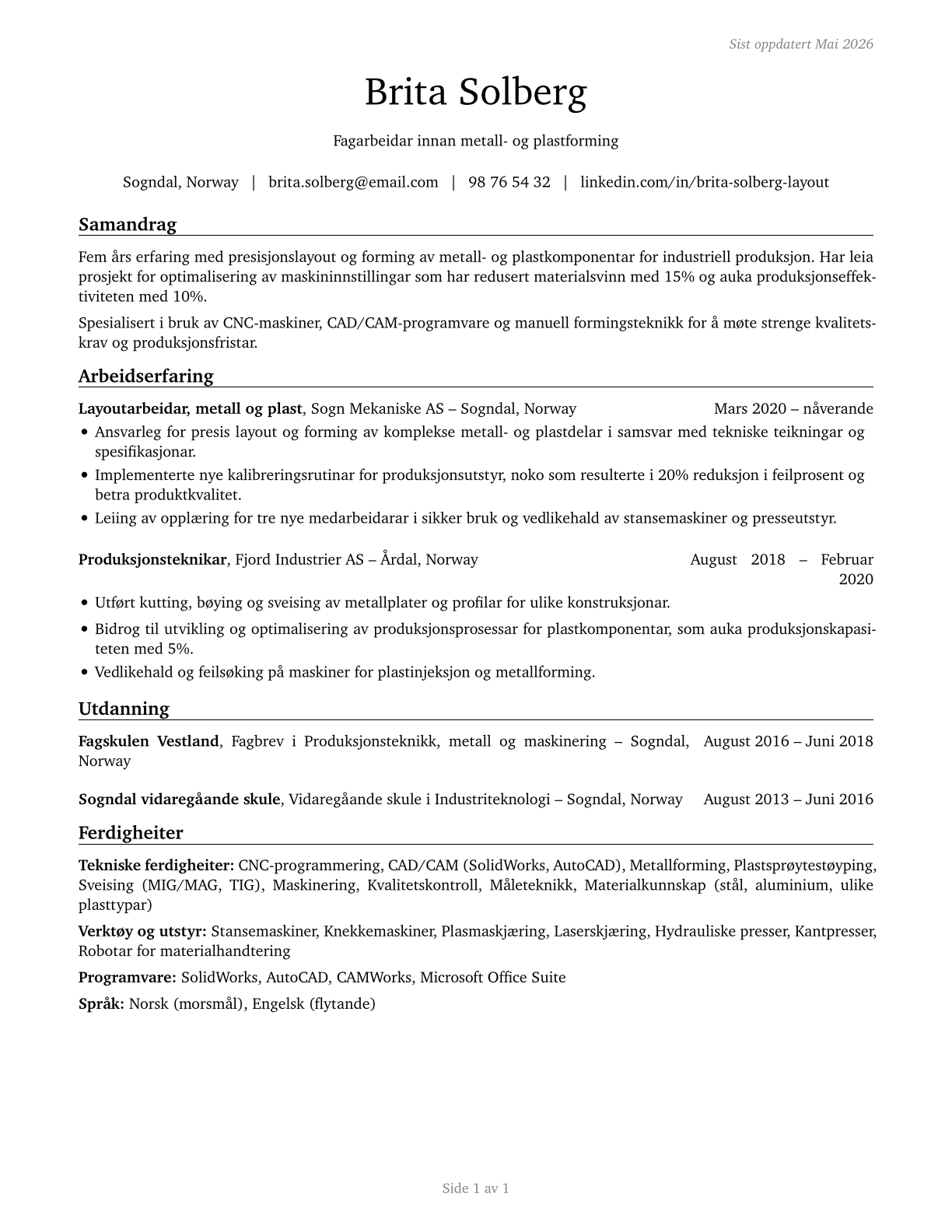 Layout Workers, Metal and Plastic CV in Norwegian_nynorsk — page 1