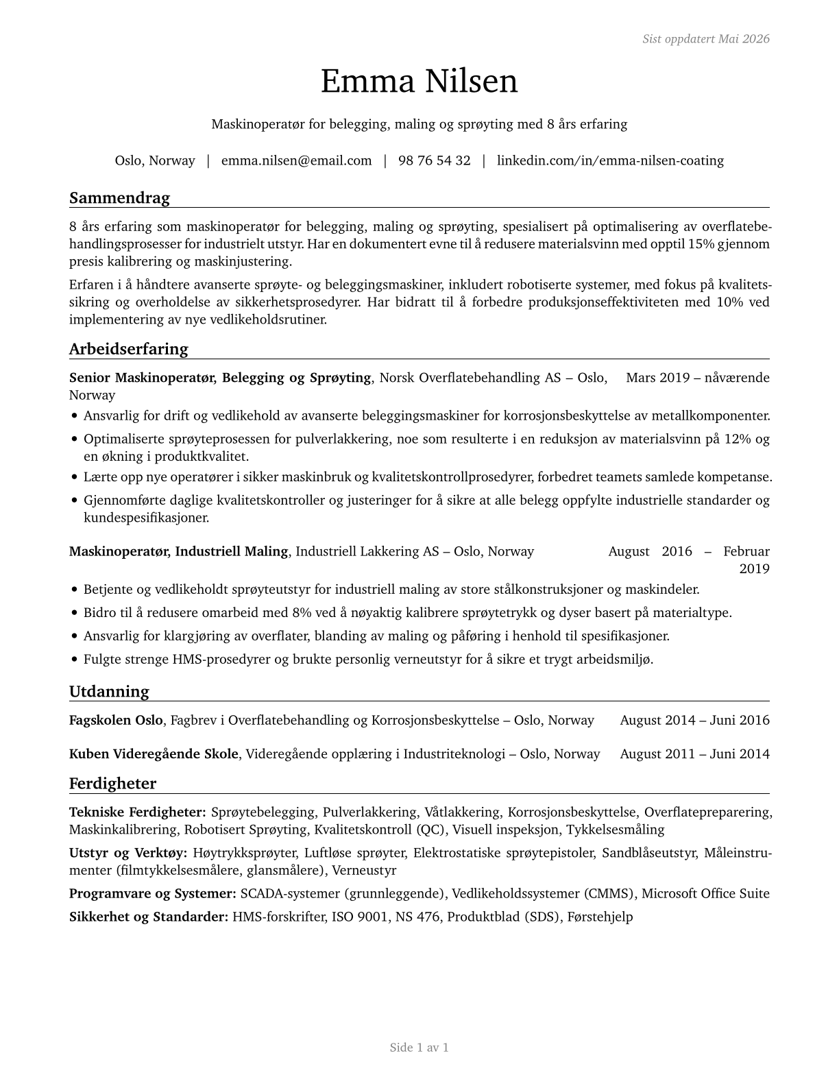 Coating, Painting, and Spraying Machine Setters, Operators, and Tenders CV in Norwegian_bokmal — page 1