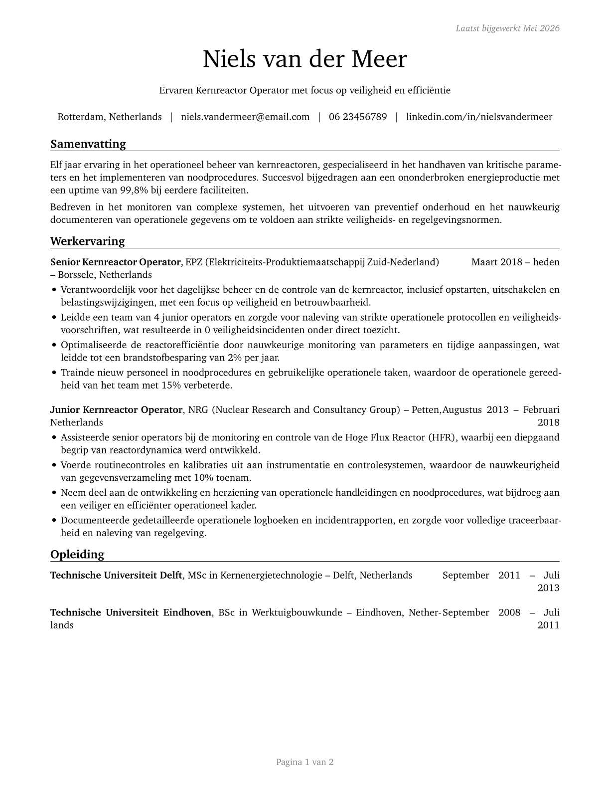 Nuclear Power Reactor Operators CV in Dutch — page 1
