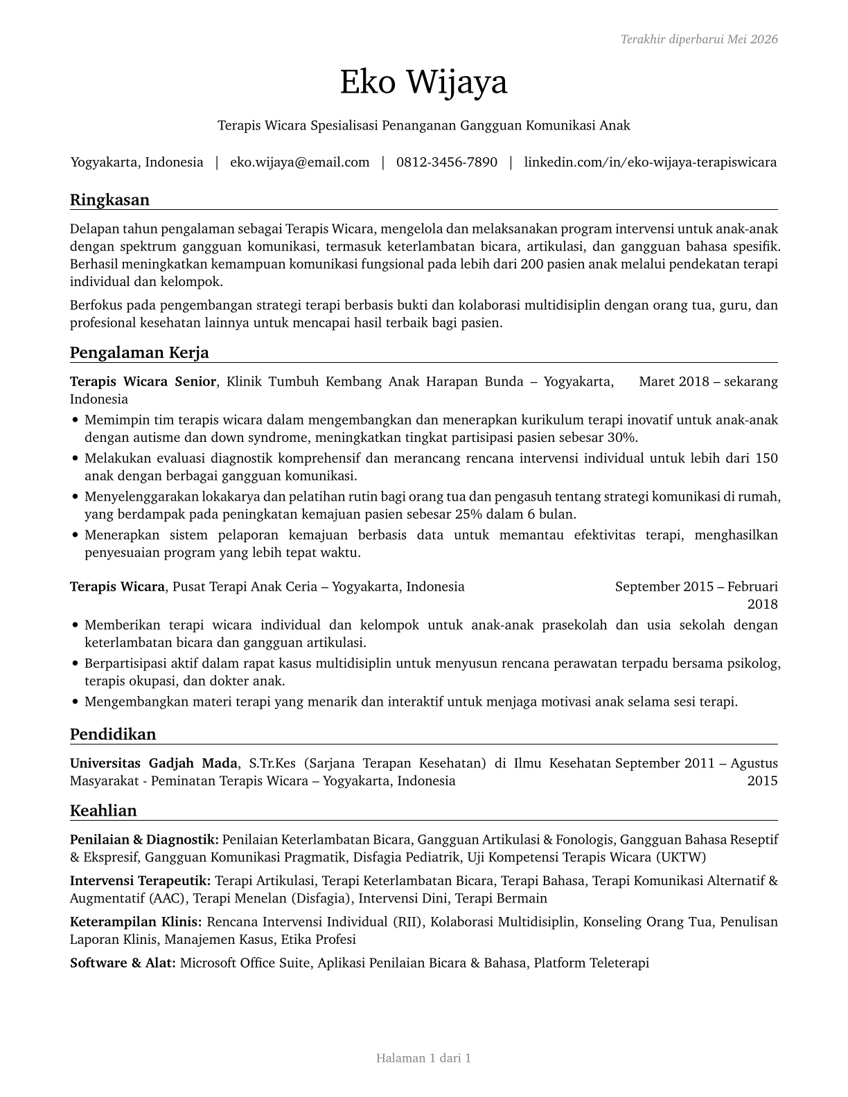 Speech-Language Pathologists CV in Indonesian — page 1