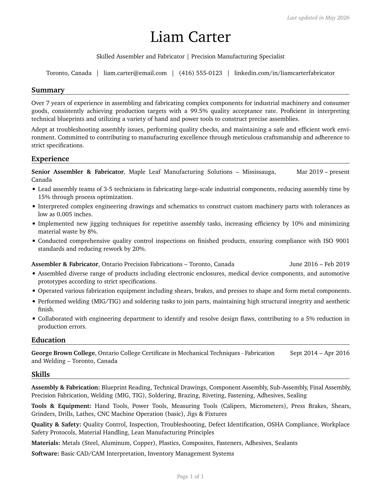 Assemblers and Fabricators, All Other CV in English — page 1