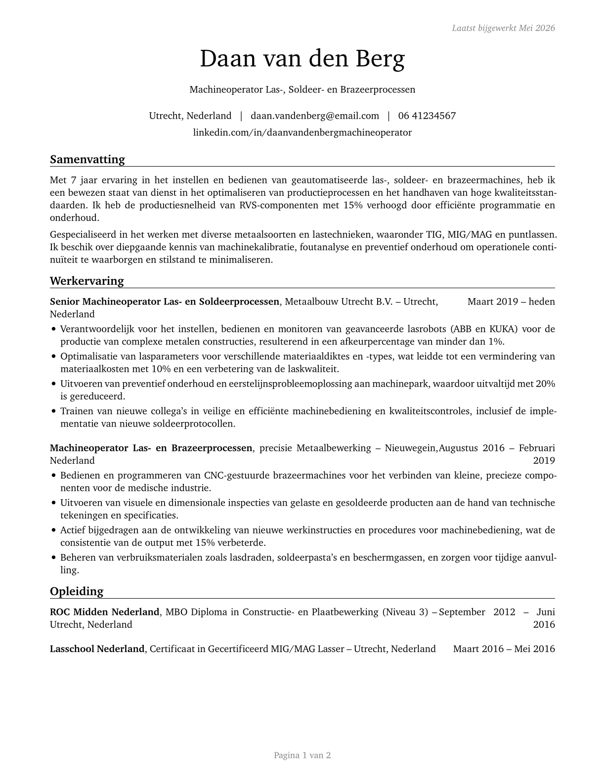Welding, Soldering, and Brazing Machine Setters, Operators, and Tenders CV in Dutch — page 1