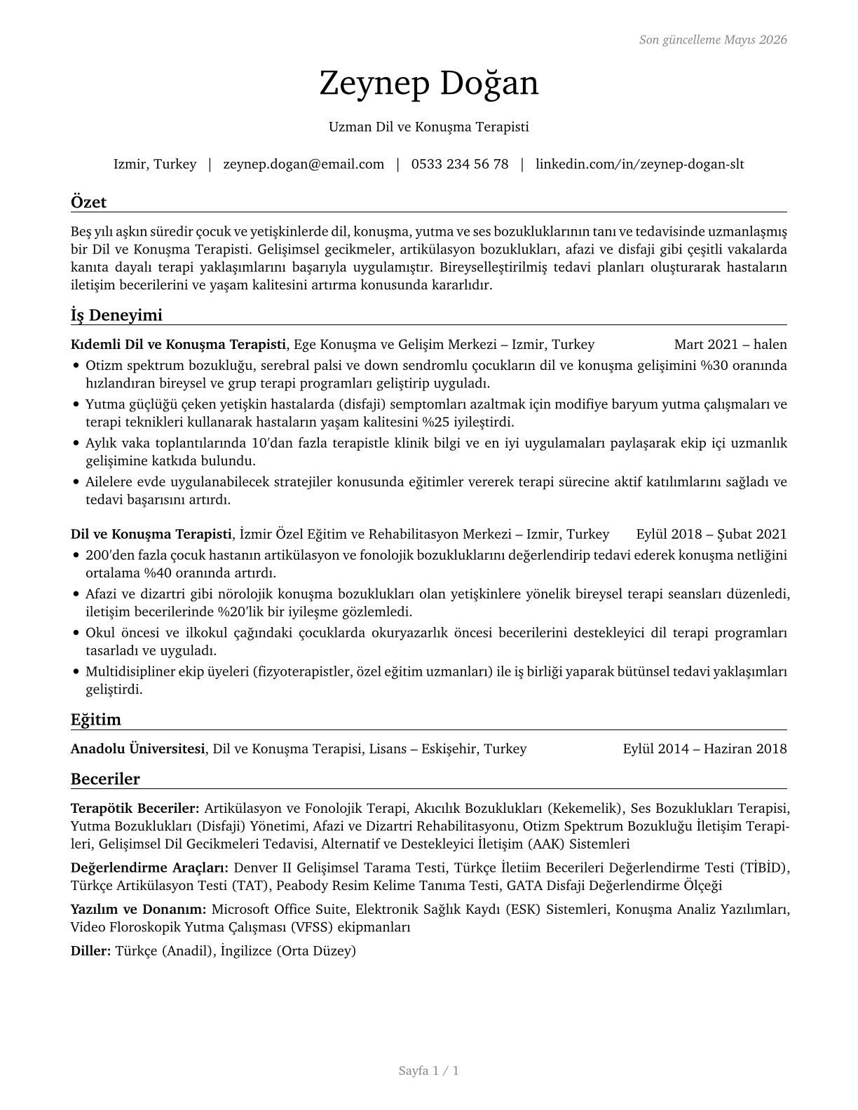 Speech-Language Pathologists CV in Turkish — page 1