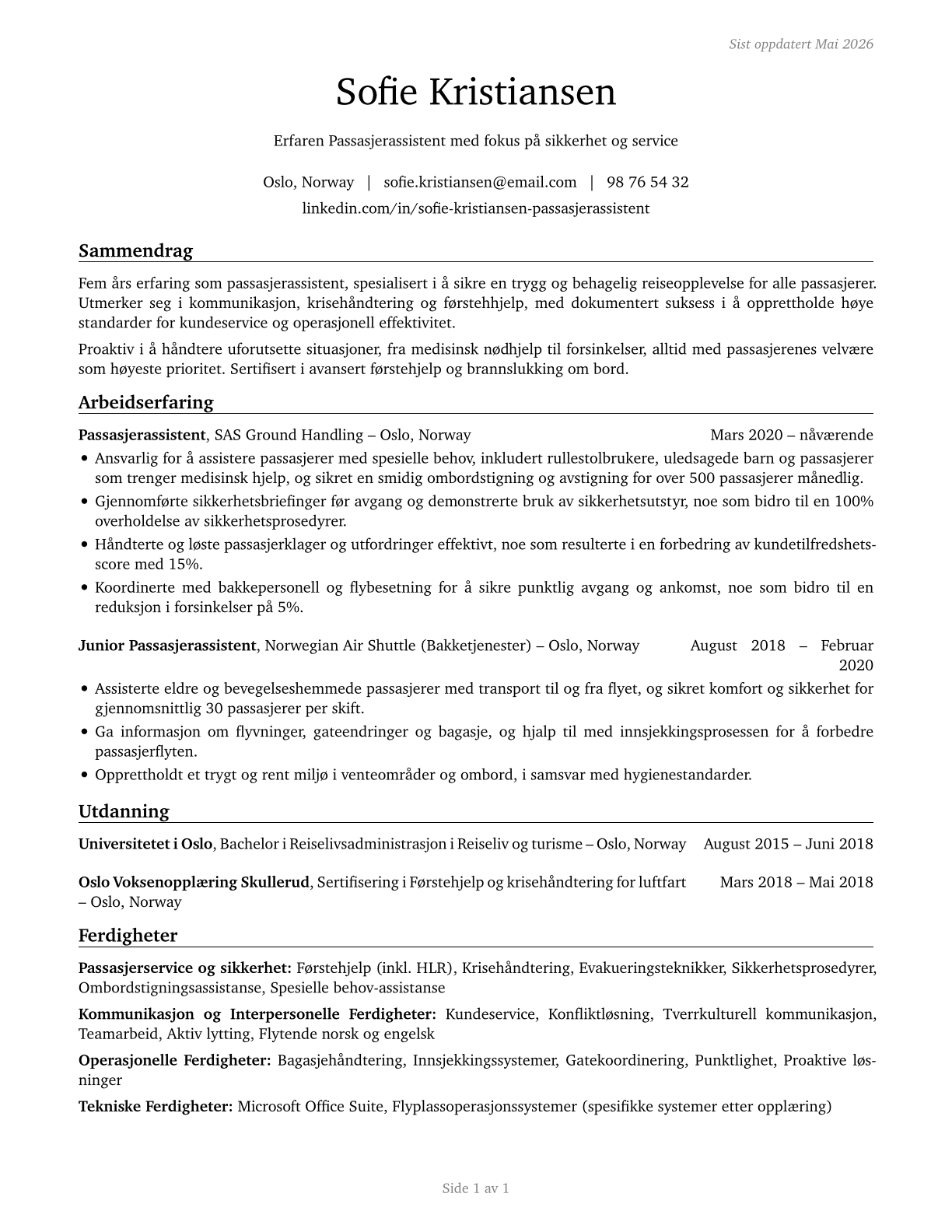 Passenger Attendants CV in Norwegian_bokmal — page 1