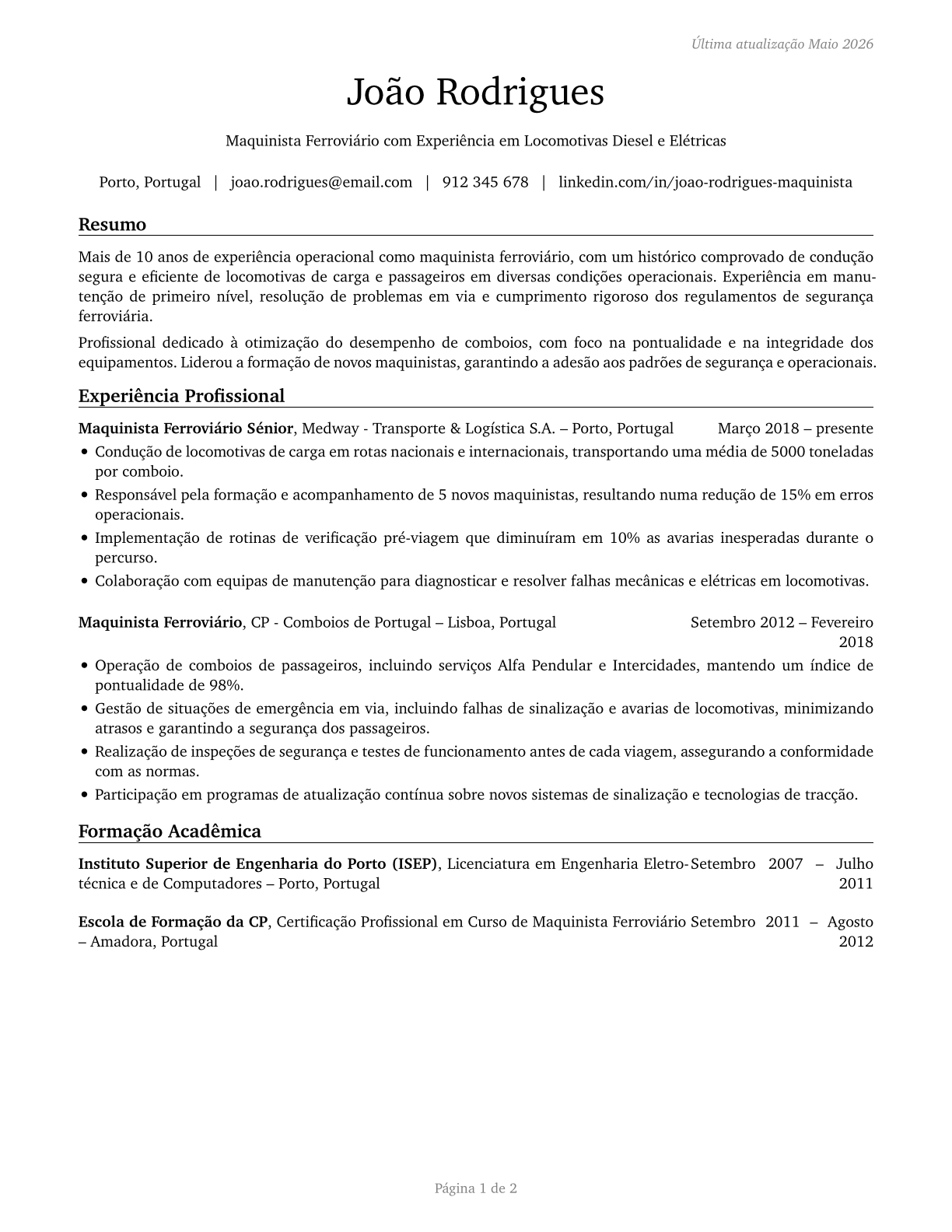 Locomotive Engineers CV in Portuguese — page 1