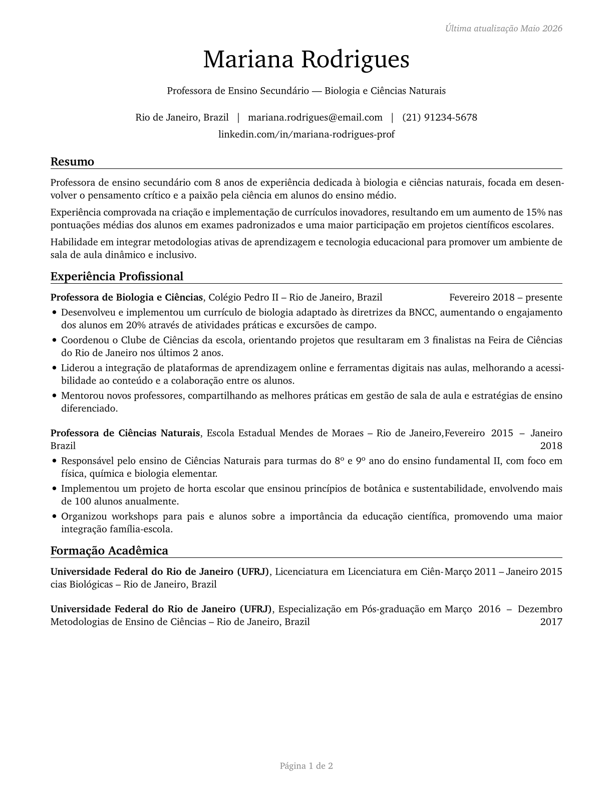 Secondary School Teachers, Except Special and Career/Technical Education CV in Portuguese — page 1