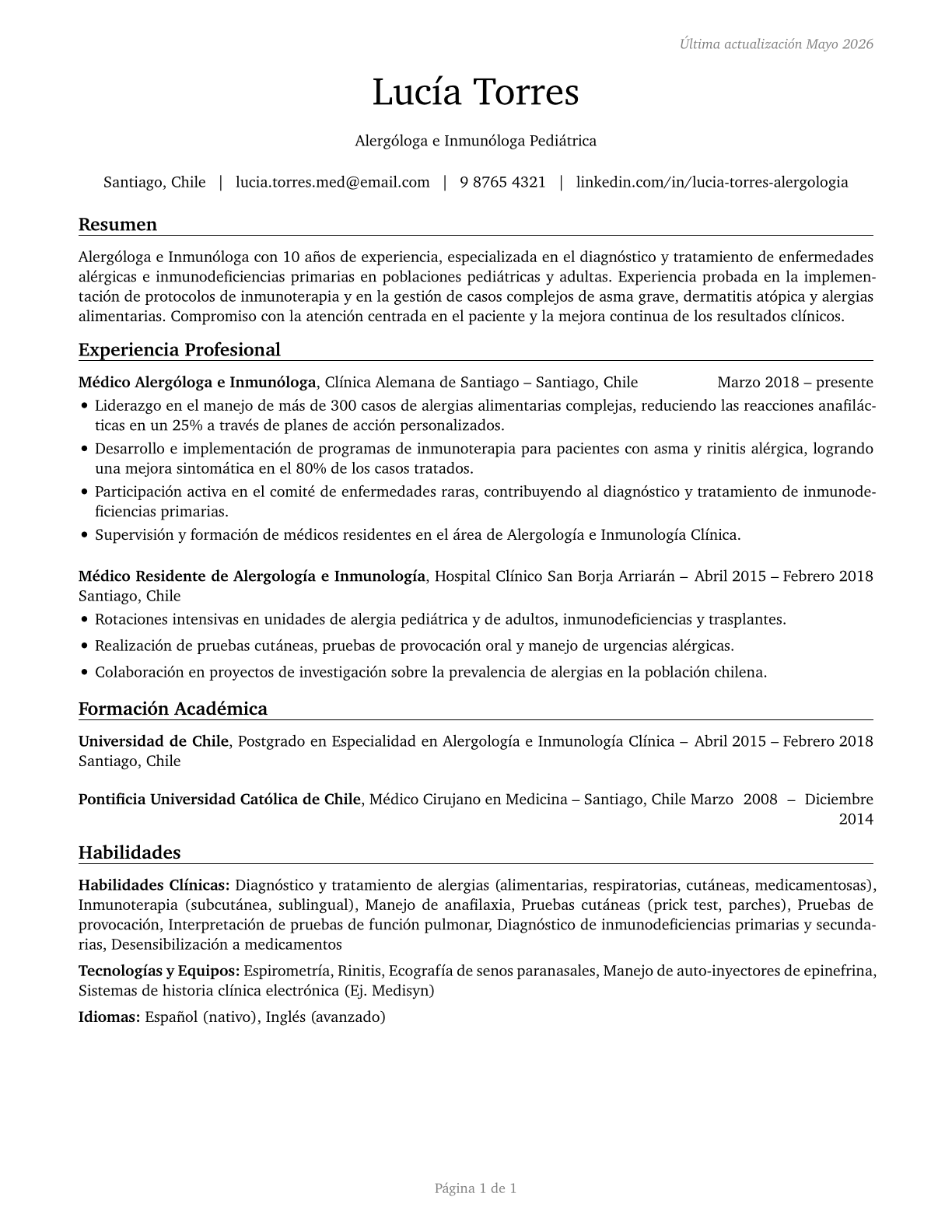 Allergists and Immunologists CV in Spanish — page 1