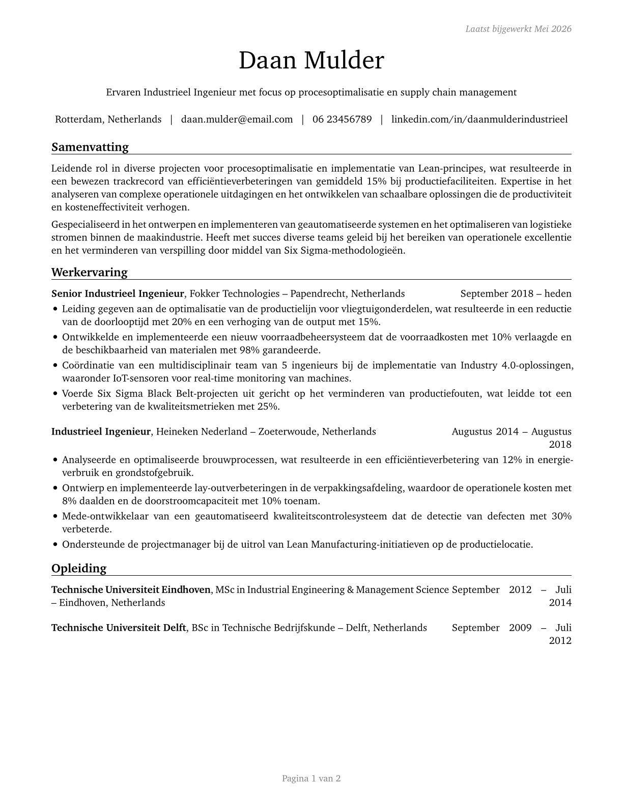 Industrial Engineers CV in Dutch — page 1