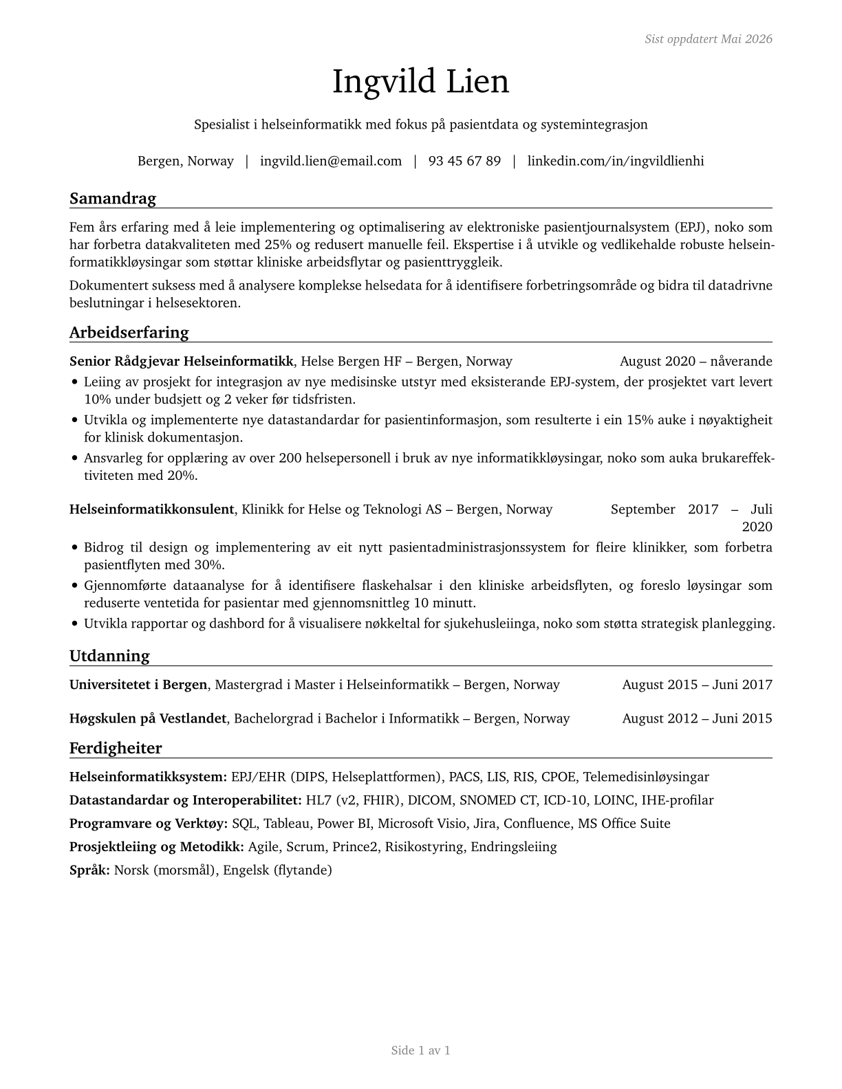 Health Informatics Specialists CV in Norwegian_nynorsk — page 1
