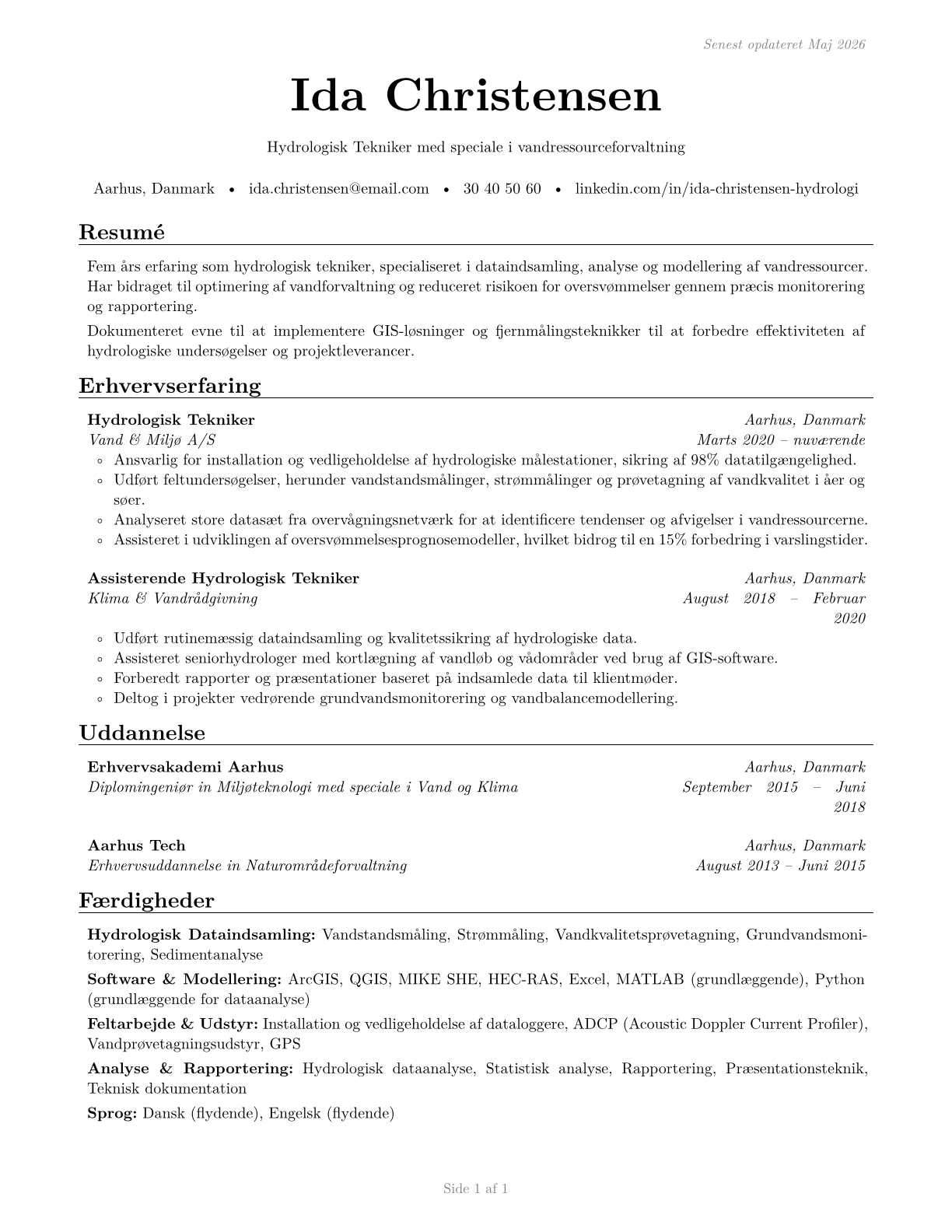 Hydrologic Technicians CV in Danish — page 1