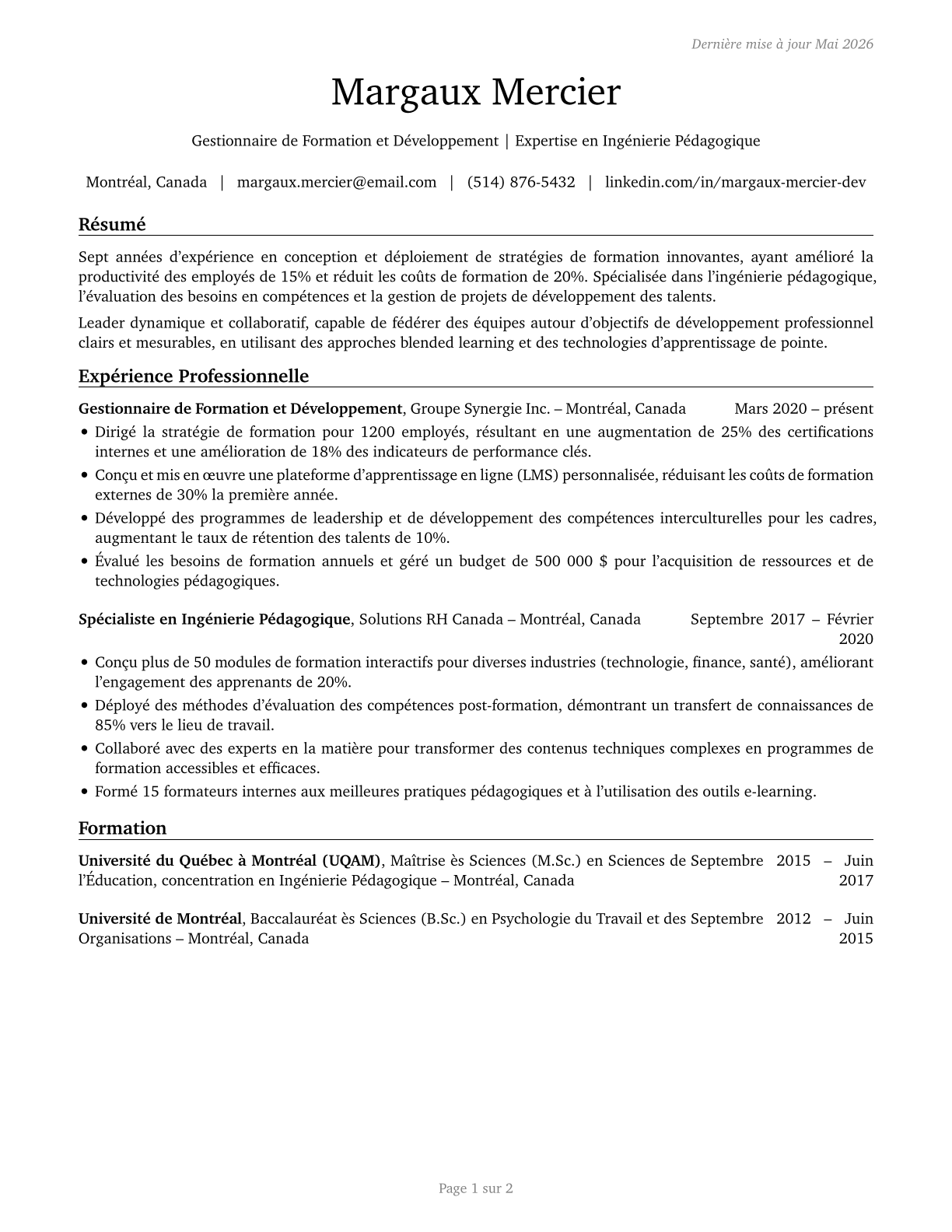 Training and Development Managers CV in French — page 1