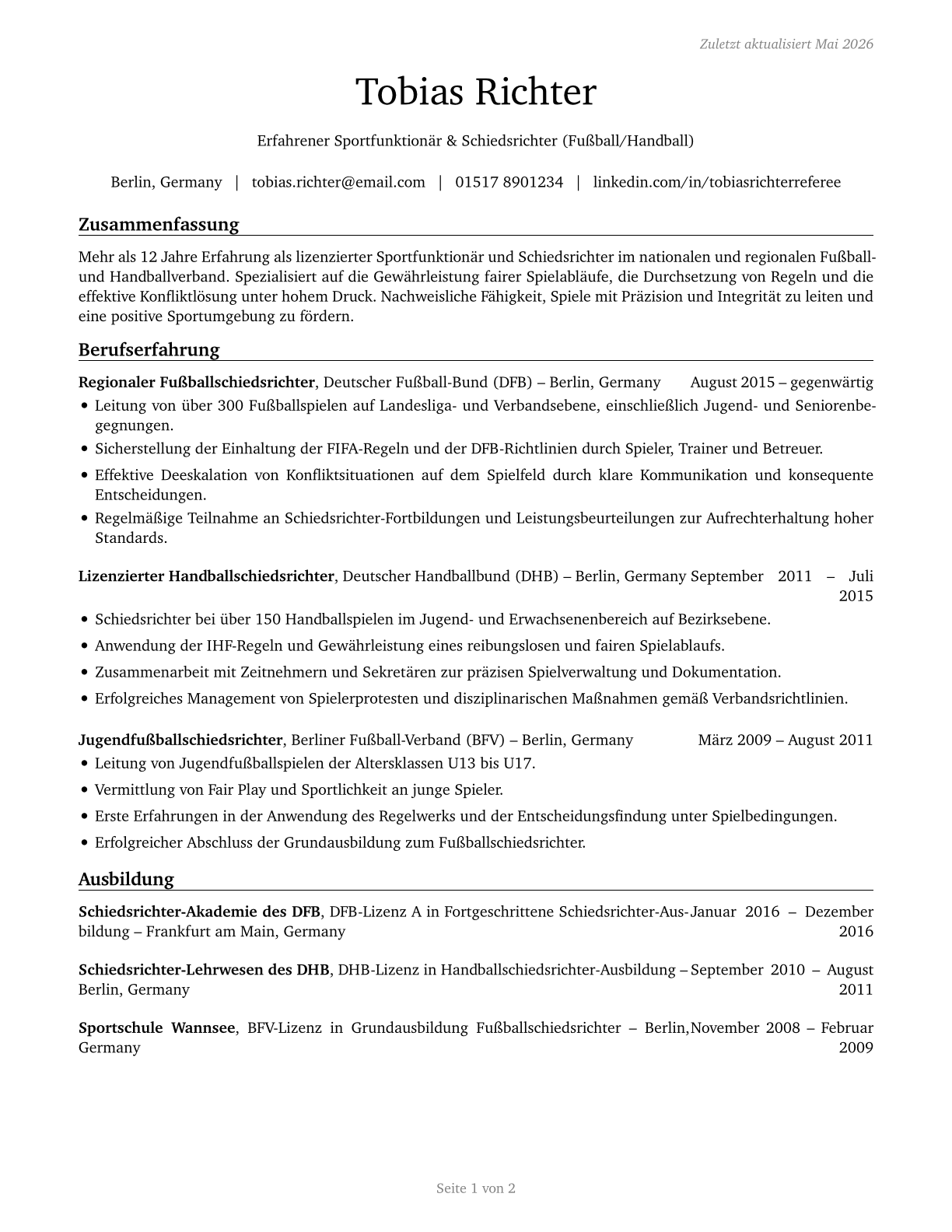 Umpires, Referees, and Other Sports Officials CV in German — page 1
