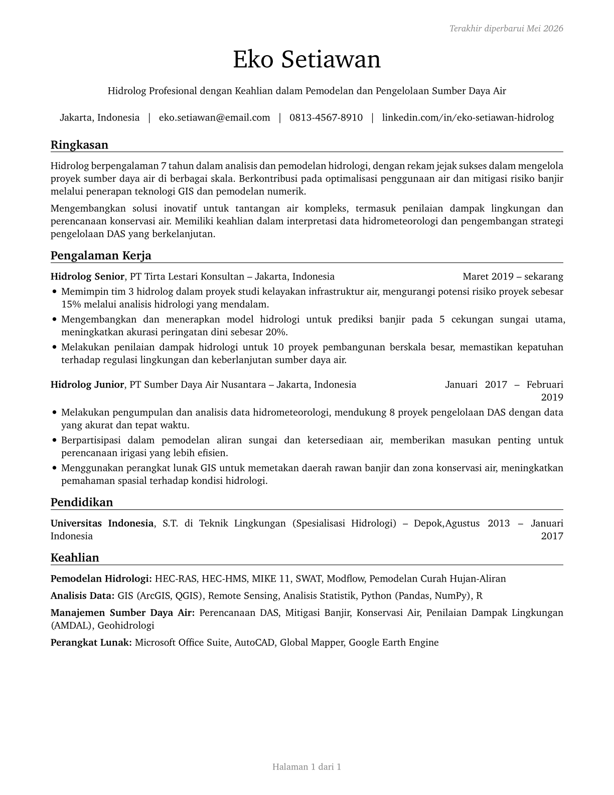 Hydrologists CV in Indonesian — page 1
