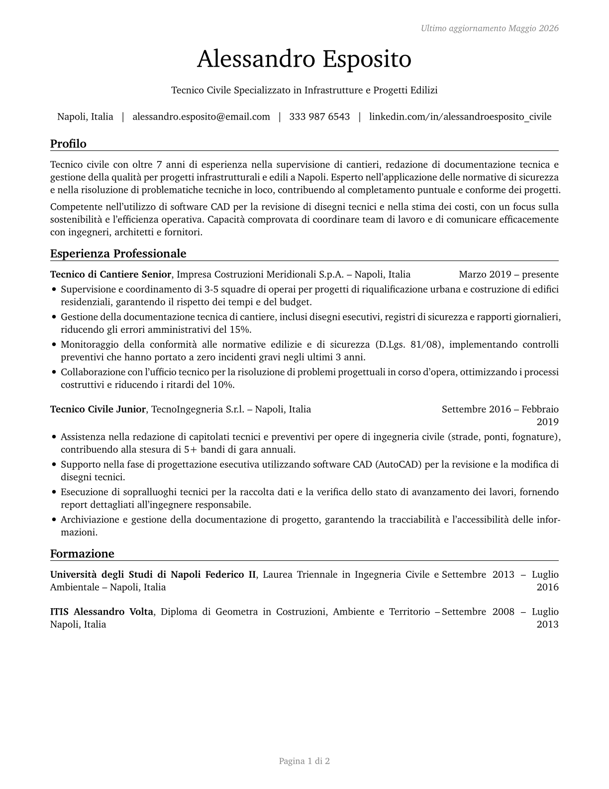 Civil Engineering Technologists and Technicians CV in Italian — page 1
